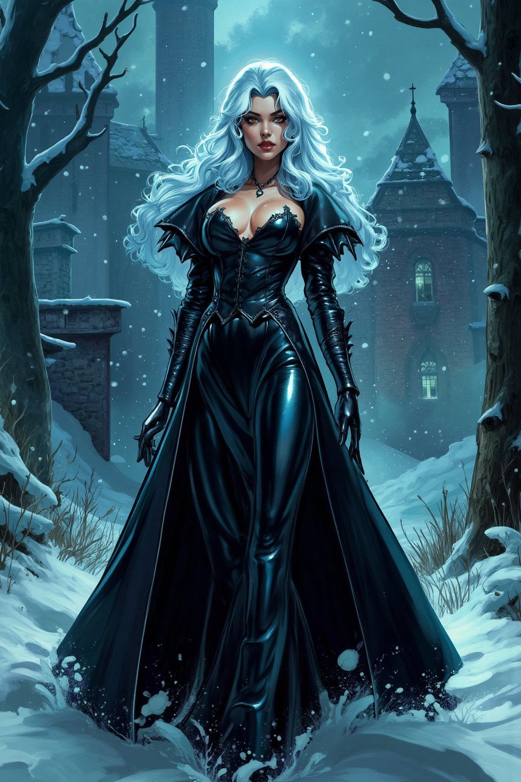 txznreiq, 
An animated cartoon image of a female, magical night, spiritual, magical mysterious atmosphere, Halloween, creepy vampire, beautiful vampire girl, girl 25 years old, front view, white long hair, slightly curly hair, hair fluttering in the wind, long black coat, vintage style, pale skin, vampire, black straight cut coat, snow on the shoulders, winter, snow falling, field in snow, vampire walking through snowdrifts, vampire knee-deep in snow, medieval castle in the background, haunted castle, a luxurious suit made of expensive fabrics, thick fabrics in clothes, winter, twilight, pale skin, night, snow, wind, cold, creepy atmosphere,