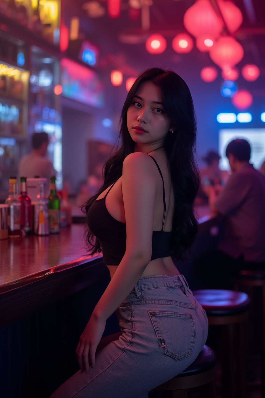 a young Asian woman wearing jeans, realistic, long wavy hair, looking at viewer, facing viewer, in nightclub, background filled with colorful lights, in bar,txznasian5,