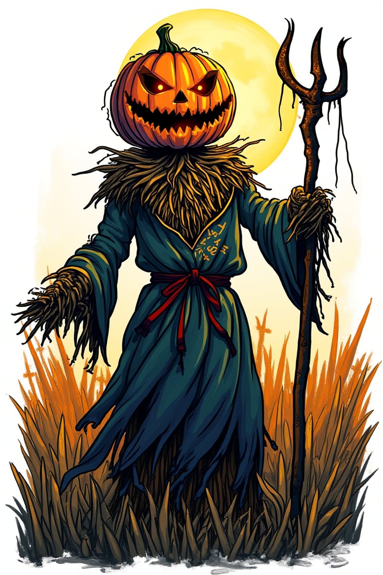 A cartoon drawing of A menacing pumpkin-headed scarecrow looms in a moonlit cornfield, wielding a rusted pitchfork. Eerie orange light flickers within its carved grimace. Tattered robes billow in the autumn wind. Mystical runes glow on its straw-stuffed body, evoking ancient harvest rituals., dramatic, mysterious, dark moody atmosphere, dark, moody, dark fantasy style. Dark Fantasy Art, Dark Moody Atmosphere,The background is white. 
, txznline