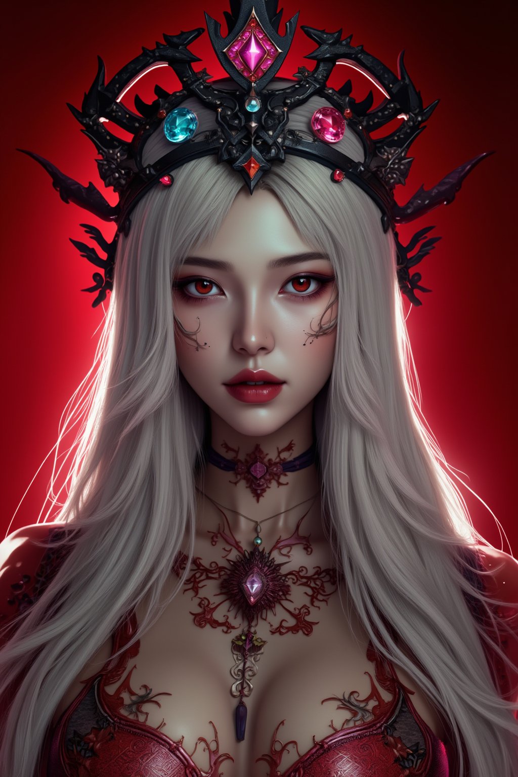 txznasian12, This is a portrait of an elegant and mysterious young Asian girl, with three jewels shining brightly on the black iron crown, three jewels on the iron crown shining brightly, long white hair, mold pale face, red eyes, against a red background. carpet, inspirational, surreal anime art style, high contrast, dynamic composition, surrealism, bright colors, sharp focus, deep shadows, studio lighting, wide angle lens, digital camera, high resolution, fine textures, high details, smooth lines, sharp edges, intricate details, natural appearance,