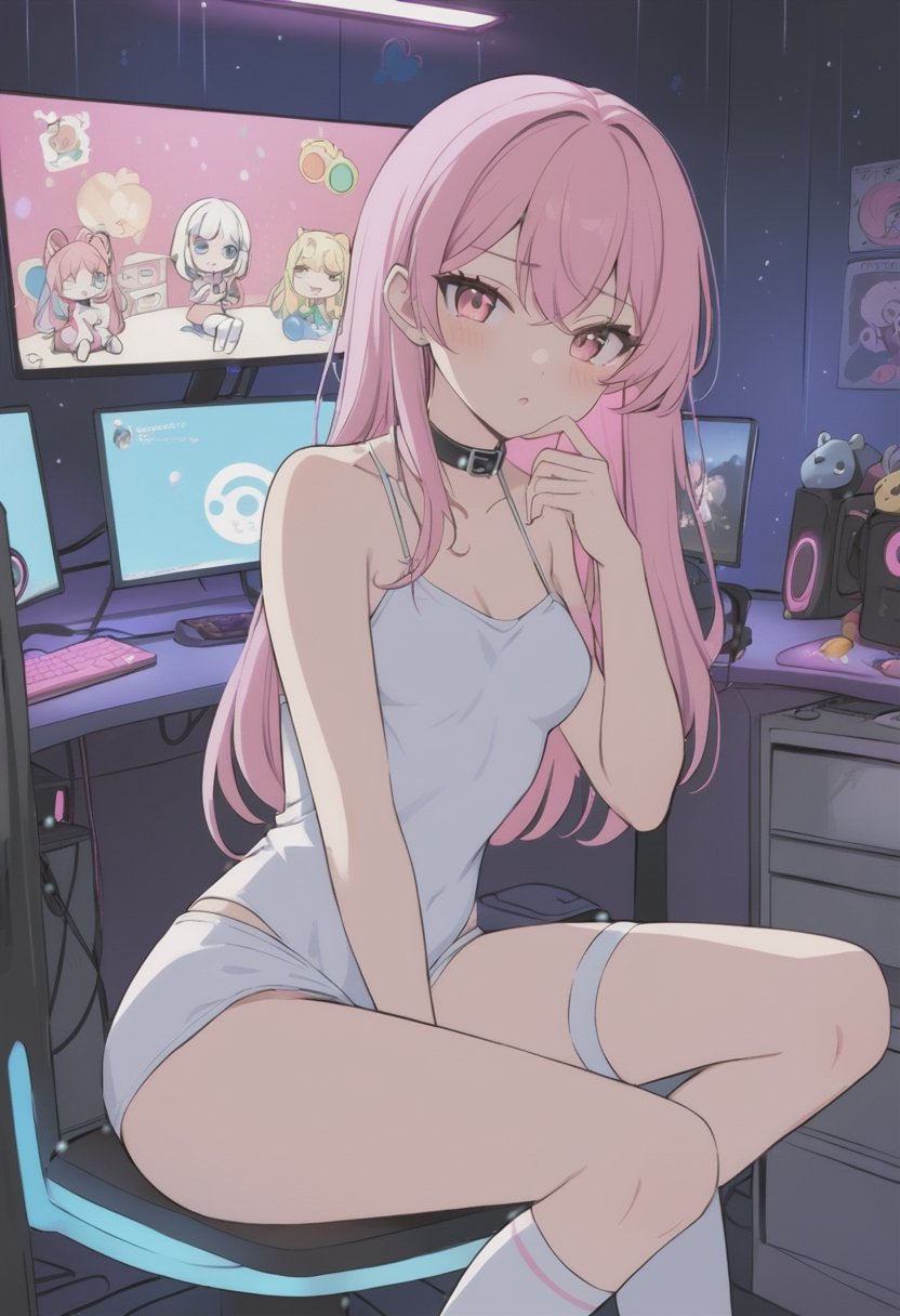 score_9_up, score_8_up, score_7_up, score_6_up, semi realistic, score_9, score_8_up, score_8, sexy 24 year old e-girl, colorful hair, sitting at computer station, gaming station, white thigh high socks, colorful collar, long slender body, long legs, posing for social media, tiktok, cute sexy pose, worried look on face, looking at viewer, pov camera, selfie, close on face, petite body, cute sexy pose, in a in front of a twitch streamer computer set, streamer, food on desk, window with view of night city, raindrops on window, rainy night, volumetric lighting, mood lighting, gaming computer in background, computer station, glowing computer monitor, neon lights, glowly lights, girly decorations on walls, dark cinematography, low lights, soft light, hazy soft light, stuffed animals, video games,masterpiece,anime