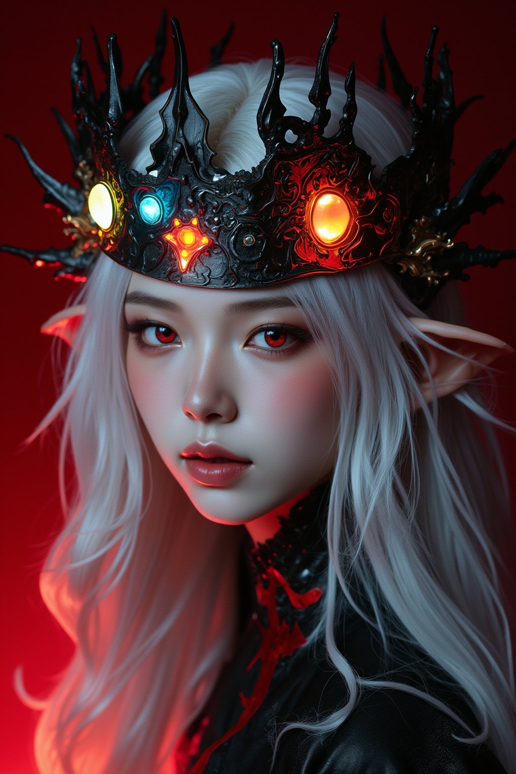 txznasian12, This is a portrait of an elegant and mysterious young Asian girl, with three jewels shining brightly on the black iron crown, three jewels on the iron crown shining brightly, long white hair, mold pale face, red eyes, against a red background. carpet, inspirational, surreal anime art style, high contrast, dynamic composition, surrealism, bright colors, sharp focus, deep shadows, studio lighting, wide angle lens, digital camera, high resolution, fine textures, high details, smooth lines, sharp edges, intricate details, natural appearance,