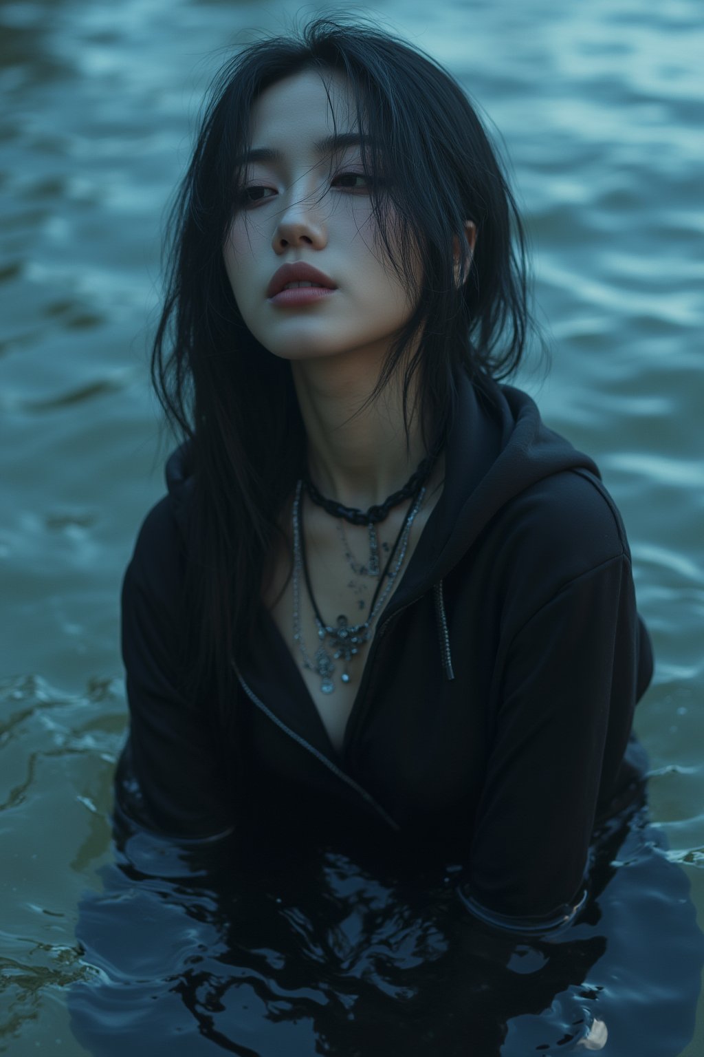 A young asian woman , 
negative_hand-neg, bad-hands-5, 
a photorealistic depiction of a woman  in shallow water, her wet, dark hair clinging to her face and neck. She wears an oversized black hoodie that slightly clings to her form, creating folds and textures as it interacts with the water. Her expression is vacant, almost melancholic.Around her neck are several necklaces and chokers with intricate pendants, adding a touch of alternative style to her otherwise minimalist appearance. The water around her ripples softly, reflecting light in shades of blue and creating gentle patterns on her skin. Bubbles and small waves create a dynamic yet serene setting. The background is softly blurred in cool blue tones, enhancing the surreal and tranquil atmosphere. Focus on achieving a high level of detail, capturing the wet sheen on her hair, the subtle textures of the hoodie, and the delicate reflections on the water’s surface.Head tilted to the right, with her hair falling over one shoulder, bubbles forming around her waist,txznasian11,