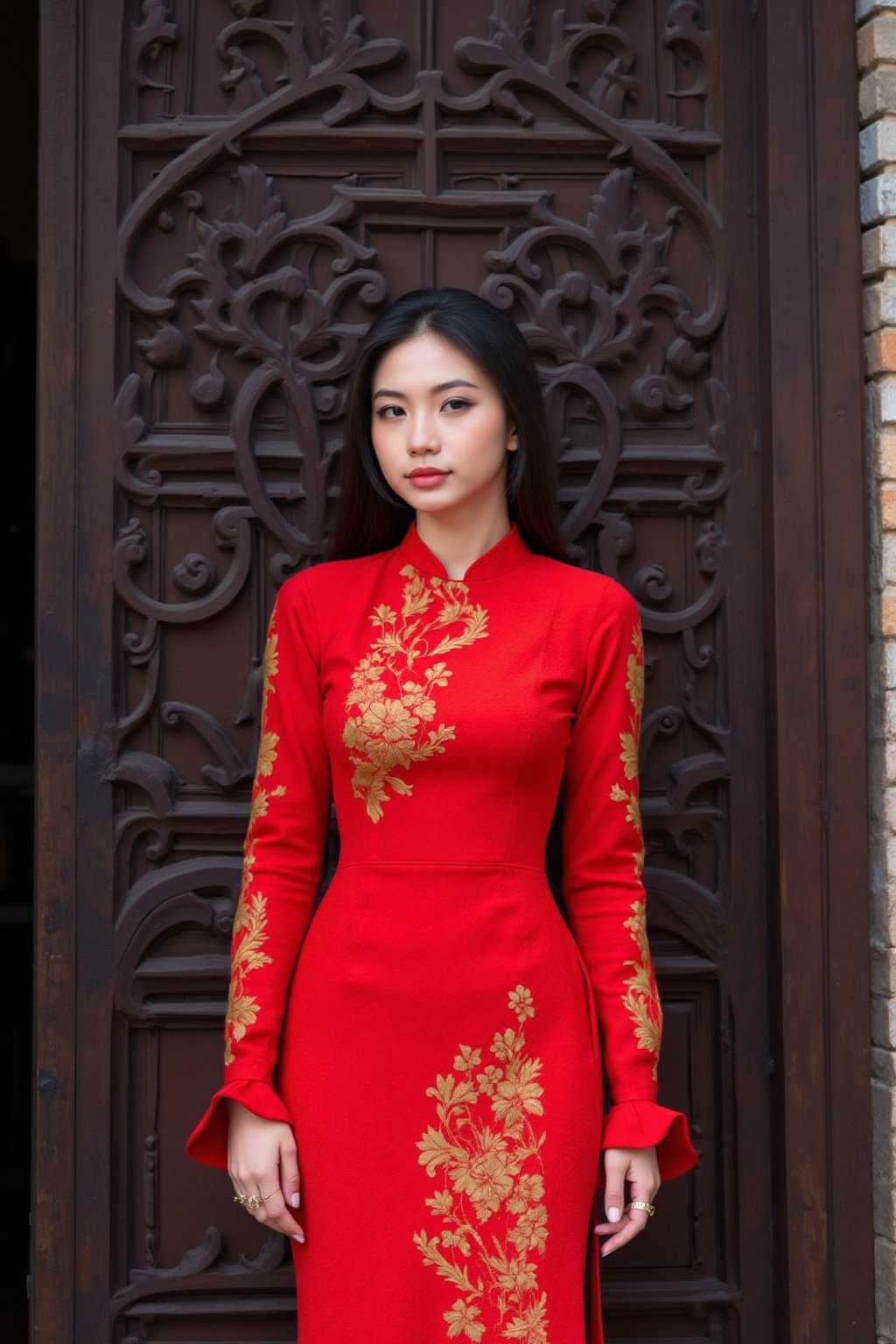 txznasian16, a young Asian woman stands in front of a dark wooden door, adorned with intricate carvings. She is dressed in a long-sleeved red dress adorned with gold embroidery and a gold ring on her finger. Her hair is pulled back, cascading over her shoulders, framing her face. Her eyes are adorned with a bold red lipstick, adding a pop of color to her lips. The backdrop is a dark brown wooden door with a intricate design. To the right of her, a brick wall is visible.