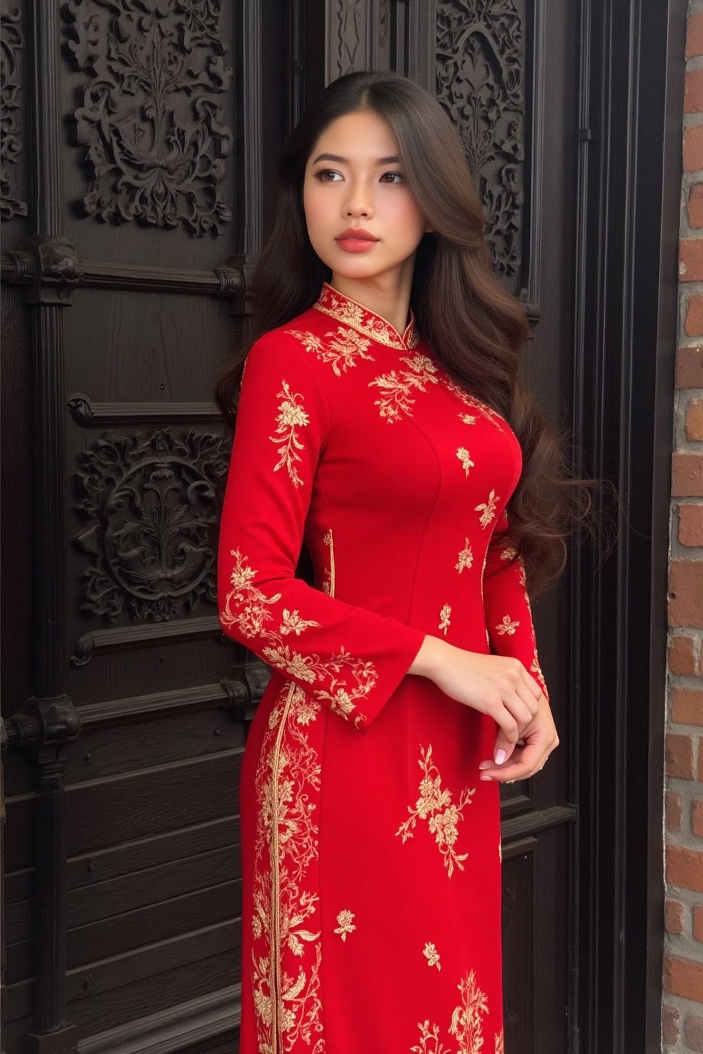 txznasian16, a young Asian woman stands in front of a dark wooden door, adorned with intricate carvings. She is dressed in a long-sleeved red dress adorned with gold embroidery and a gold ring on her finger. Her hair is pulled back, cascading over her shoulders, framing her face. Her eyes are adorned with a bold red lipstick, adding a pop of color to her lips. The backdrop is a dark brown wooden door with a intricate design. To the right of her, a brick wall is visible.