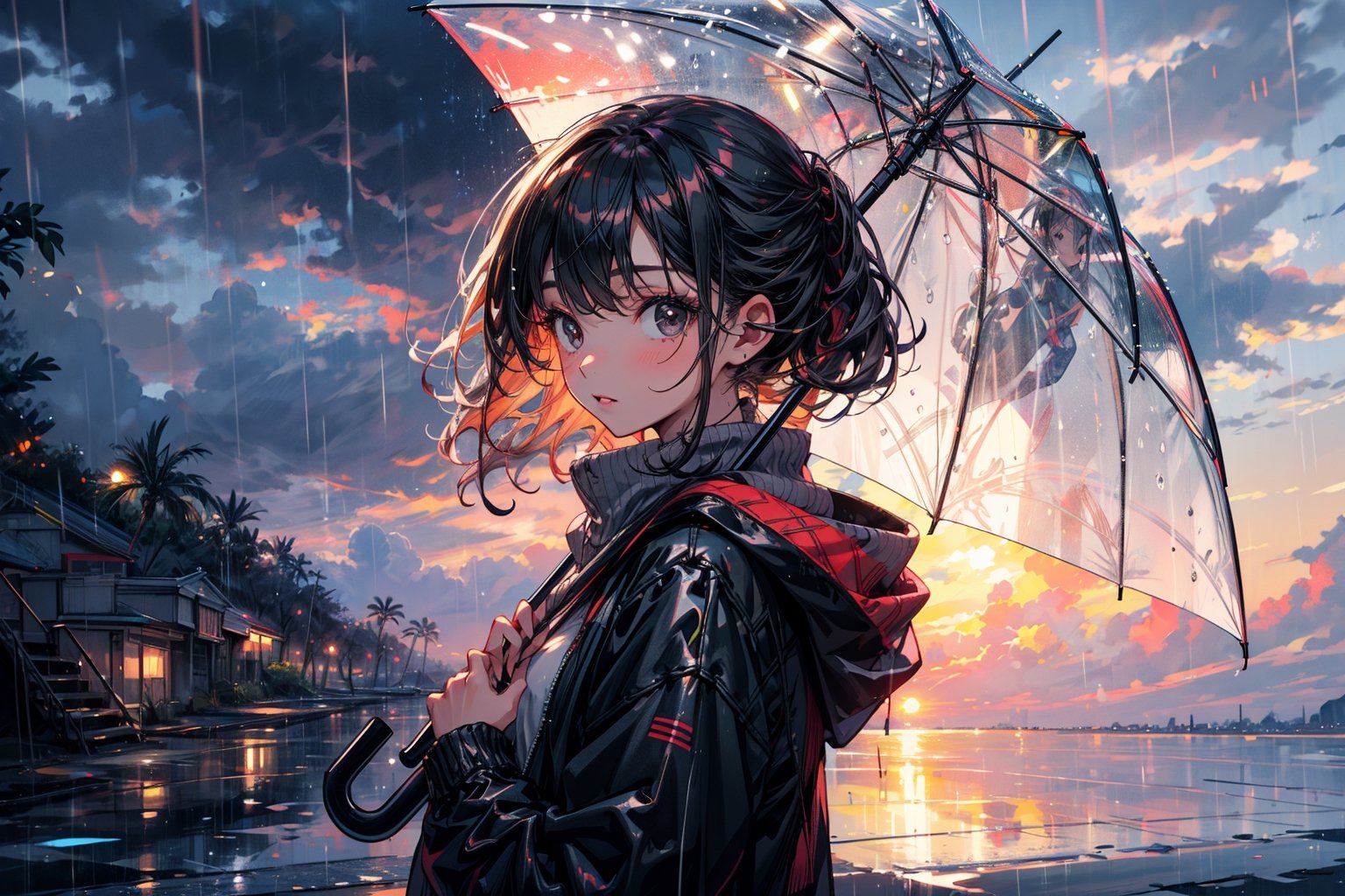 masterpiece, best quality, 1girl, rainy sky, having umbrella, watching a  beach, black hair, black eyes