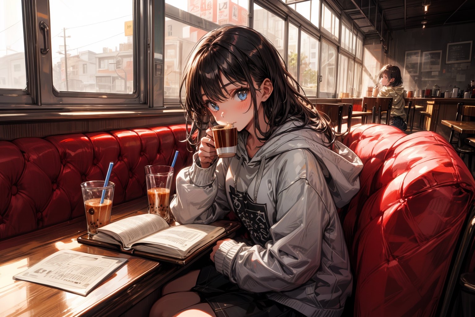 1girl, wearing hoodie, Sitting in the window seat of the cafe, drinking coffee with straw,  study at cafe, reading book, close-up