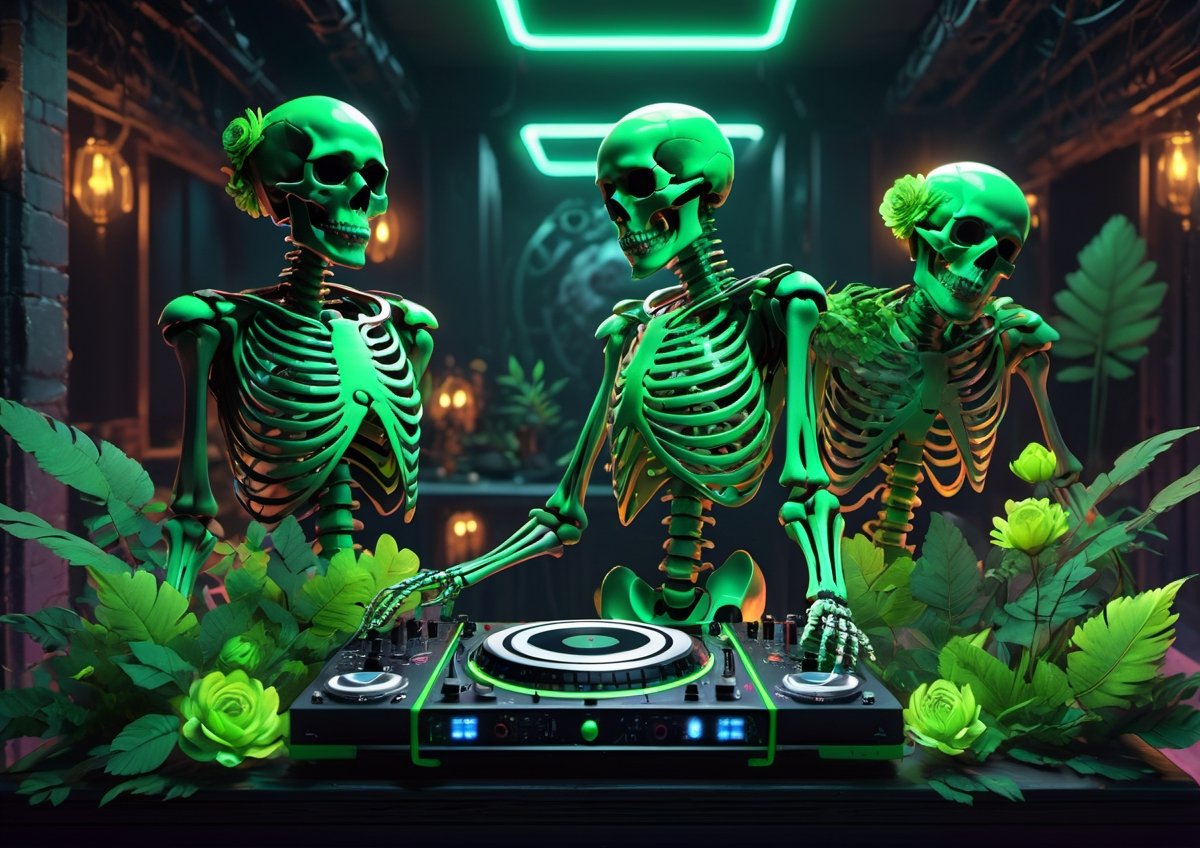 skeleton DJs dancing, goth club, covered in neon green and black leaves and flowers, highly detailed, psychedelic realism, dark moody colors, fantasy, surreal, octane render