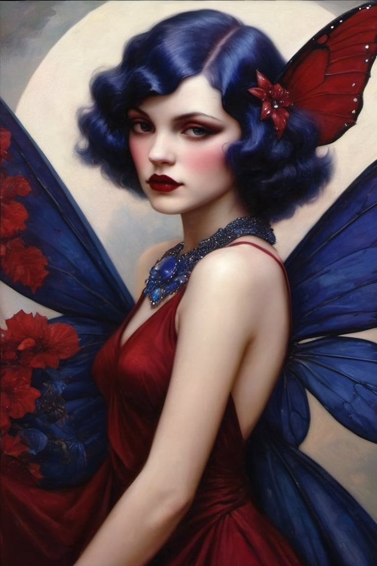 1930s sapphire goth fairy, whole body shot, deep red, sapphire fairies, plain background, art deco, highly detailed, psychedelic realism, dark moody colors, fantasy, surreal, octane render,photo r3al,oil painting