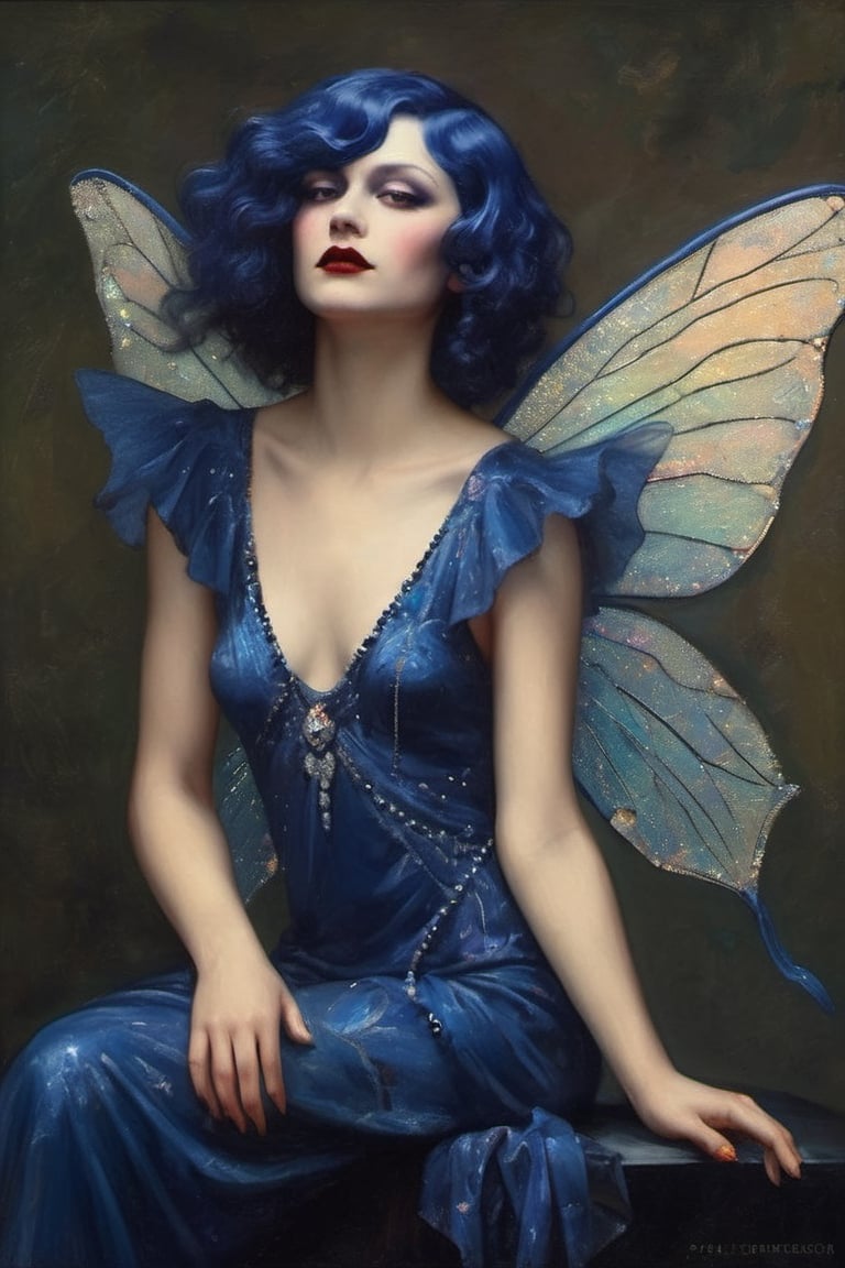 1930s sapphire goth fairy, whole body shot, deep blue, sapphire fairies, plain background, art deco, highly detailed, psychedelic realism, dark moody colors, fantasy, surreal, octane render,photo r3al,oil painting