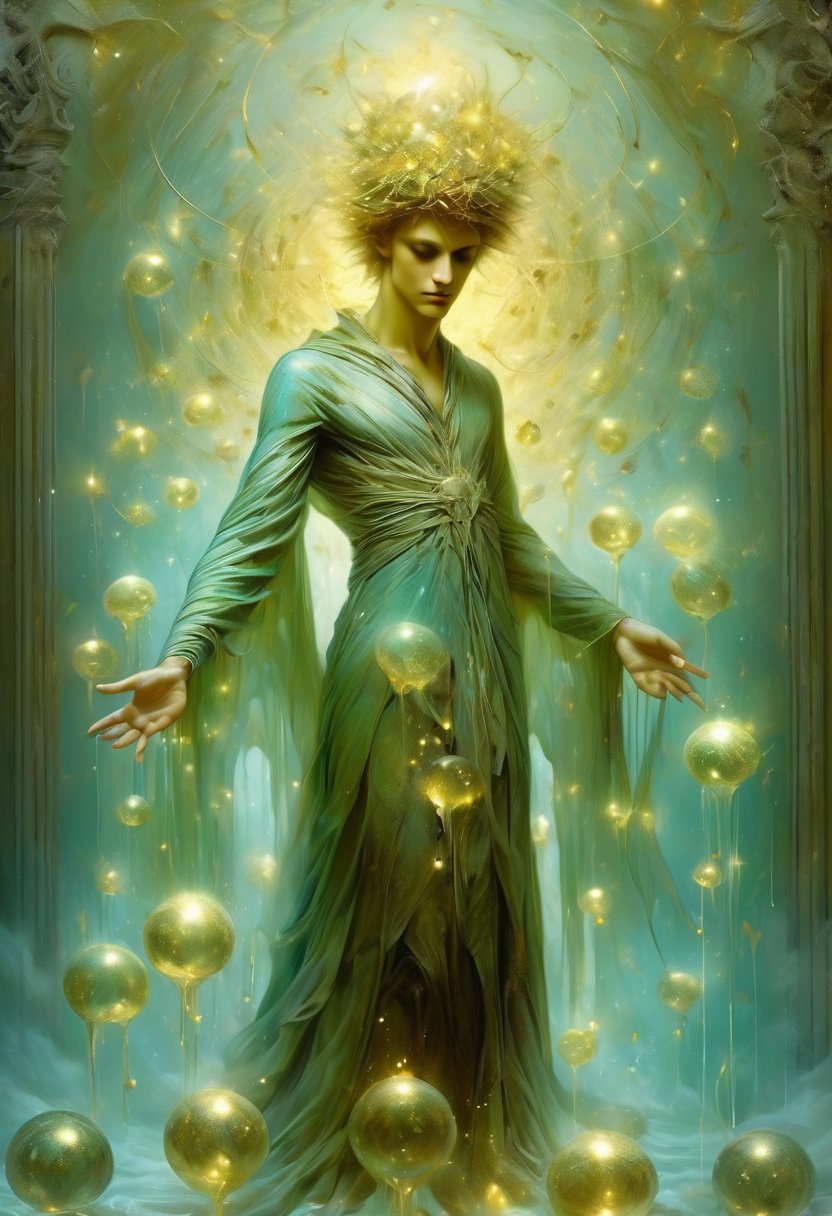 temperance boy angel,  Modern art style on the theme of paradise in style of Stefan Gesell,  golden ratio. Tarot card of the nine of pentacles and whistling brook bioluminescent chiaroscuro transparency,  chakra,  with aura glow delicate  glacial chakracatcher that is a portal.