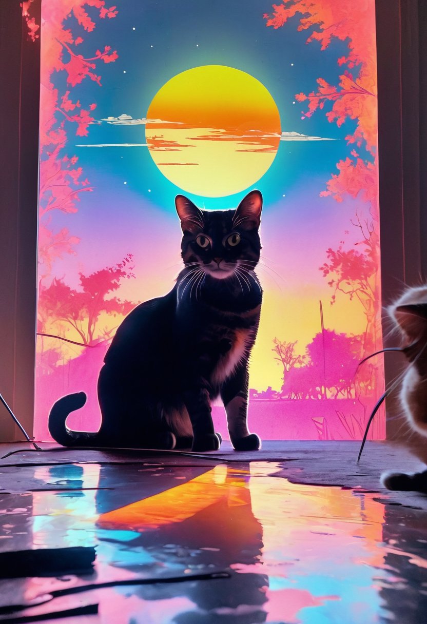 cat viewing a full sun, morning centered, Cyberpop, gouache, cow-boy shot, Simulation, 100mm, Projection mapping, iridescent colors, abstract, glow stick lighting, 8K 