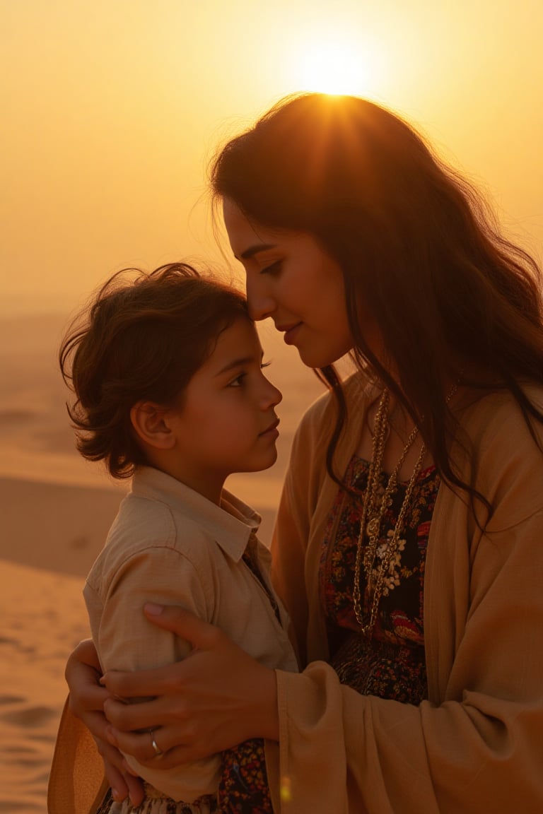 A sun-drenched desert landscape greets the dawn, warm hues of terracotta and sandy beige stretching towards a horizon kissed by the rising sun. A majestic Arab woman, her raven tresses cascading like a waterfall down her back, bends to gently caress the face of a cherished one, her dark eyes shining with affection.