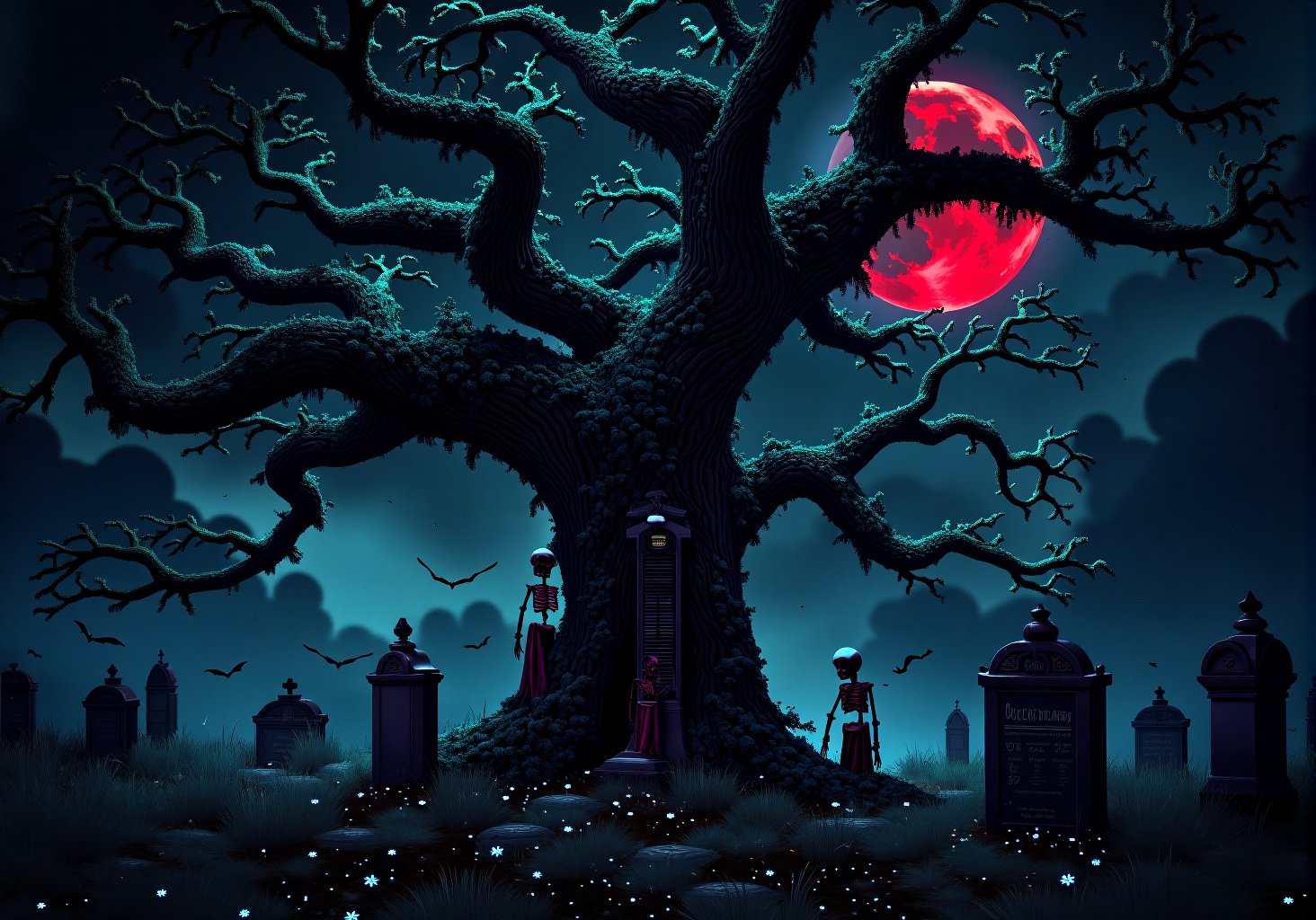 An 8K ultra high detailed, realistic fantasy image of a creepy cemetery with TOMBSTONE-marked graves. A massive, vine-like tree with dense, lush leaves extends upward to a red full moon. Numerous SKELETONS descend the tree to reach the earth, while many bats fly around. The scene is meticulously detailed, with soft lighting enhancing the eerie atmosphere.