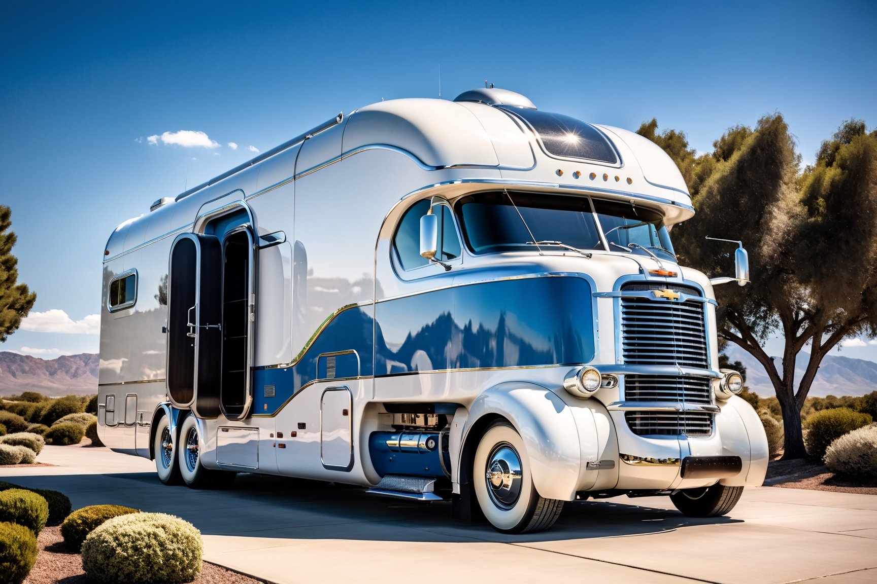 A futuristic classic GM Futureliner 1940s COE style RV winnabago inspired by Atompunk,  RV Retro-Atompunk,  tall cab area...