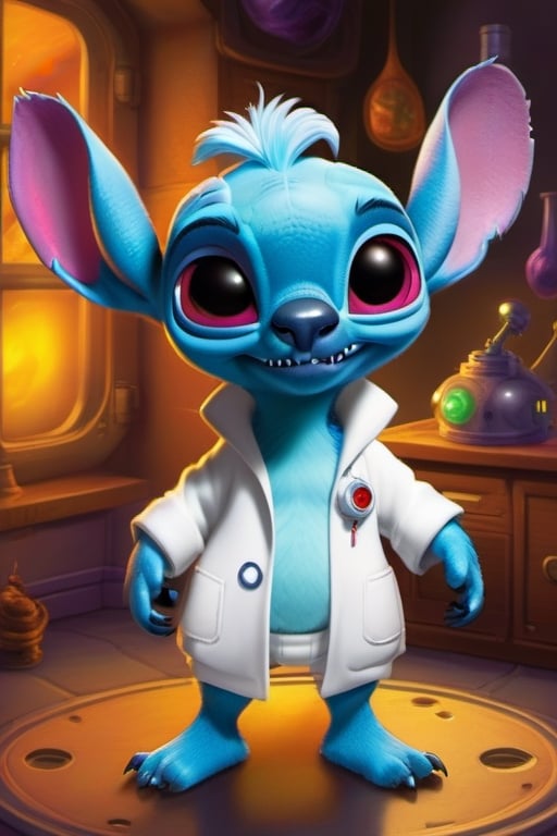 Transform Stitch from 'Lilo & Stitch' into a mad scientist,  equipped with a lab coat,  goggles by Ai Prodigy  on Tensor.Art