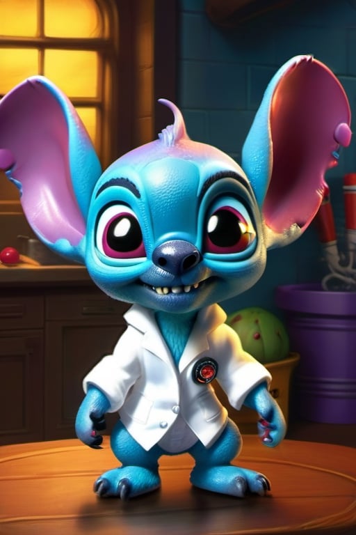 Transform Stitch from 'Lilo & Stitch' into a mad scientist,  equipped with a lab coat,  goggles by Ai Prodigy  on Tensor.Art