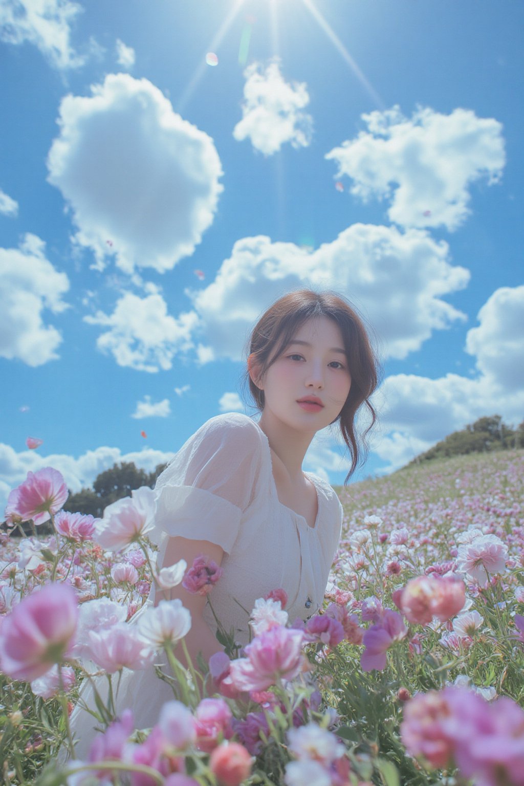 This is a highly detailed digital close-up and tilt shot artwork in a bright fantasy style, intricate tetradic colors in every details, a beautiful 22 years old Chinese girl, looking at viewer, head tilt, leaning forward, A lone girl with wavy black hair, wearing white dress, stands in windy flower field with grass, sun glare, heavenly cloudy sky, (clouds spiral:0.8), a macabre tapestry of clouds reaching towards viewer, falling petals, light cascading from an unseen aperture above. A low camera angle emphasizes the girl's with the overwhelming warm vibes.