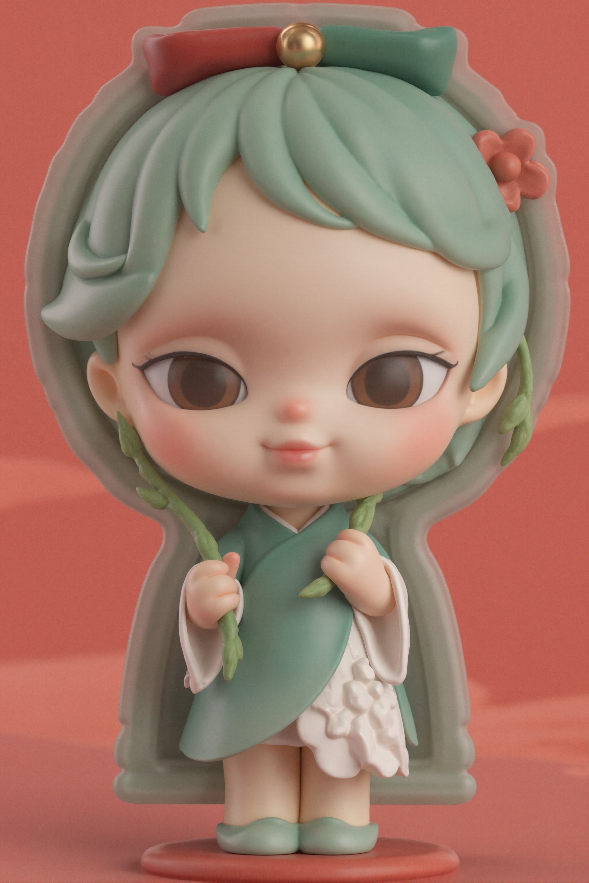 Blind box 3D image of cute little girl representing spring, Chinese traditional style, light green, cute big eyes, Long light green hair, brown eyes, wearing a dress, holding a willow branch, full figure, delicate features, holographic, full body, three view cartoon image, generate front view, side view, back view three view, keep consistency and uniformity, clean background, natural light, 8K, best quality, super detail, 3D, C4D, Blender, OC rendering, HD, super detail.