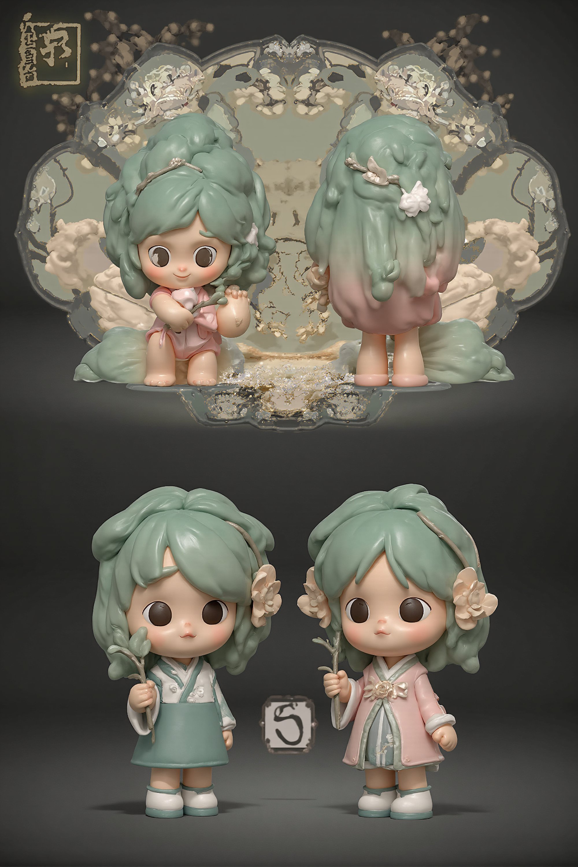 Blind box 3D image of cute little girl representing spring, Chinese traditional style, light green, cute big eyes, Long light green hair, brown eyes, wearing a dress, holding a willow branch, full figure, delicate features, holographic, full body, three view cartoon image, generate front view, side view, back view three view, keep consistency and uniformity, clean background, natural light, 8K, best quality, super detail, 3D, C4D, Blender, OC rendering, HD, super detail.