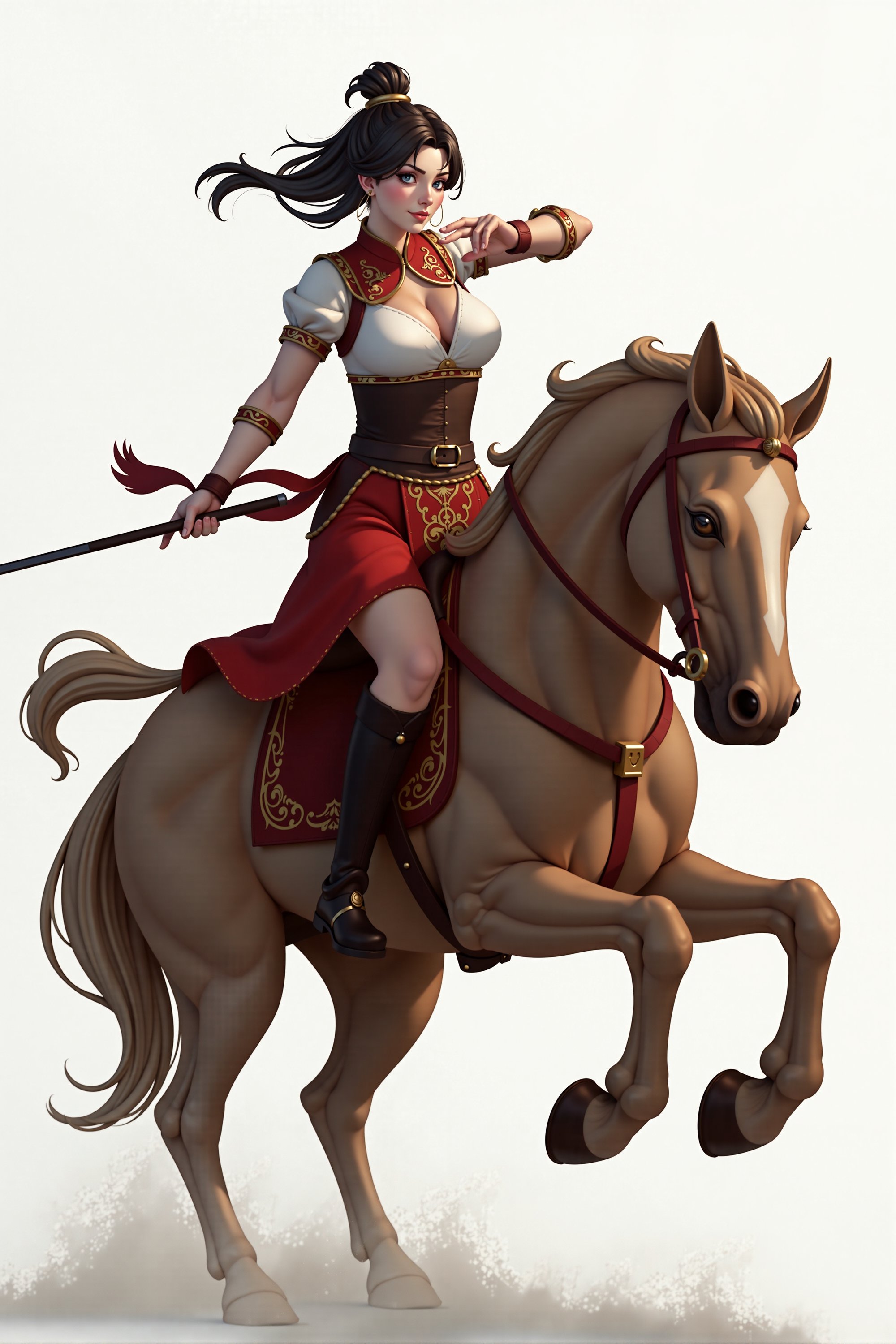 The powerful and domineering Chinese-style female general is riding a horse and fighting. 