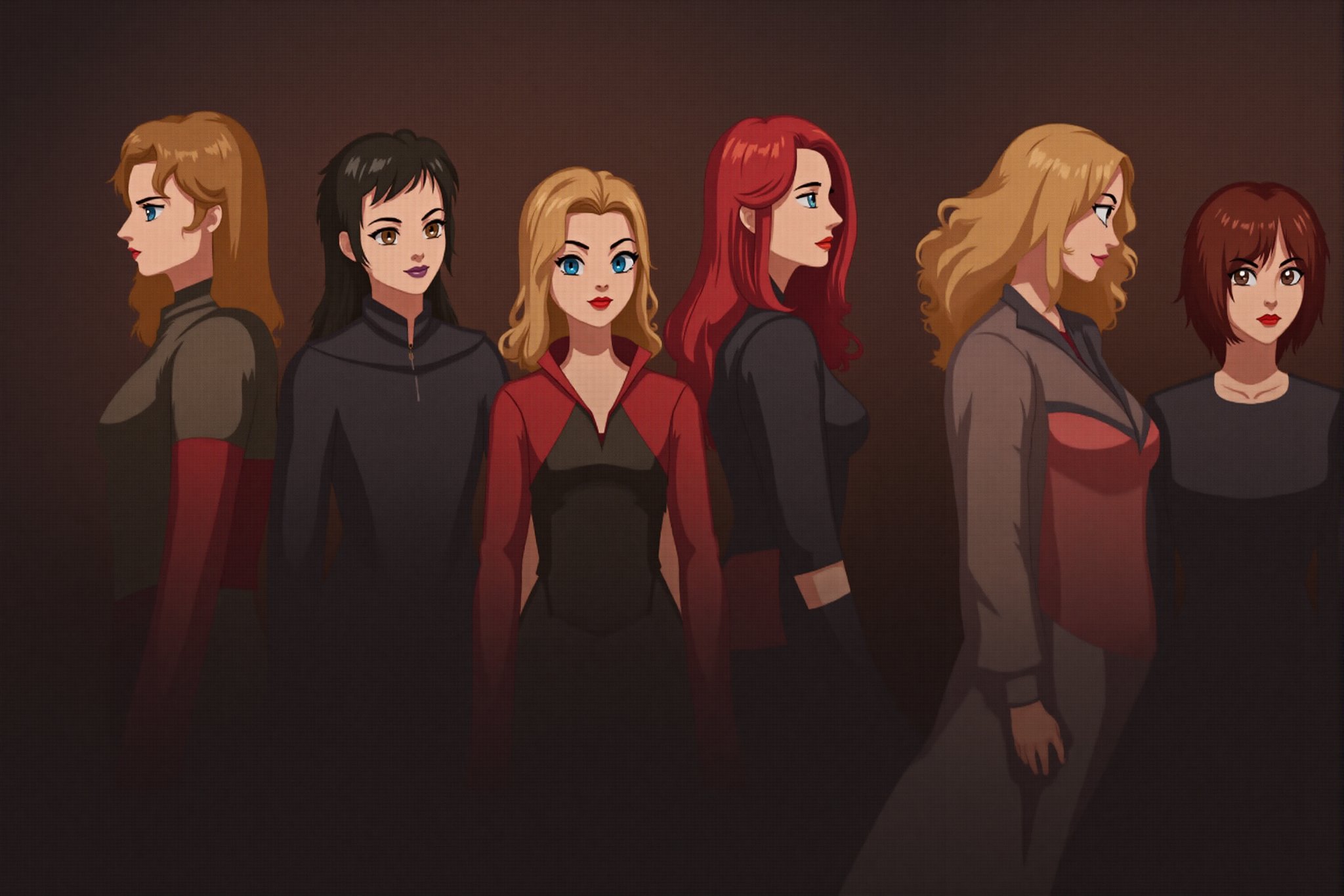 A Halloween party. There are Black Widow,captain marvel,Scarlet Witch,Valkyrie and Mera