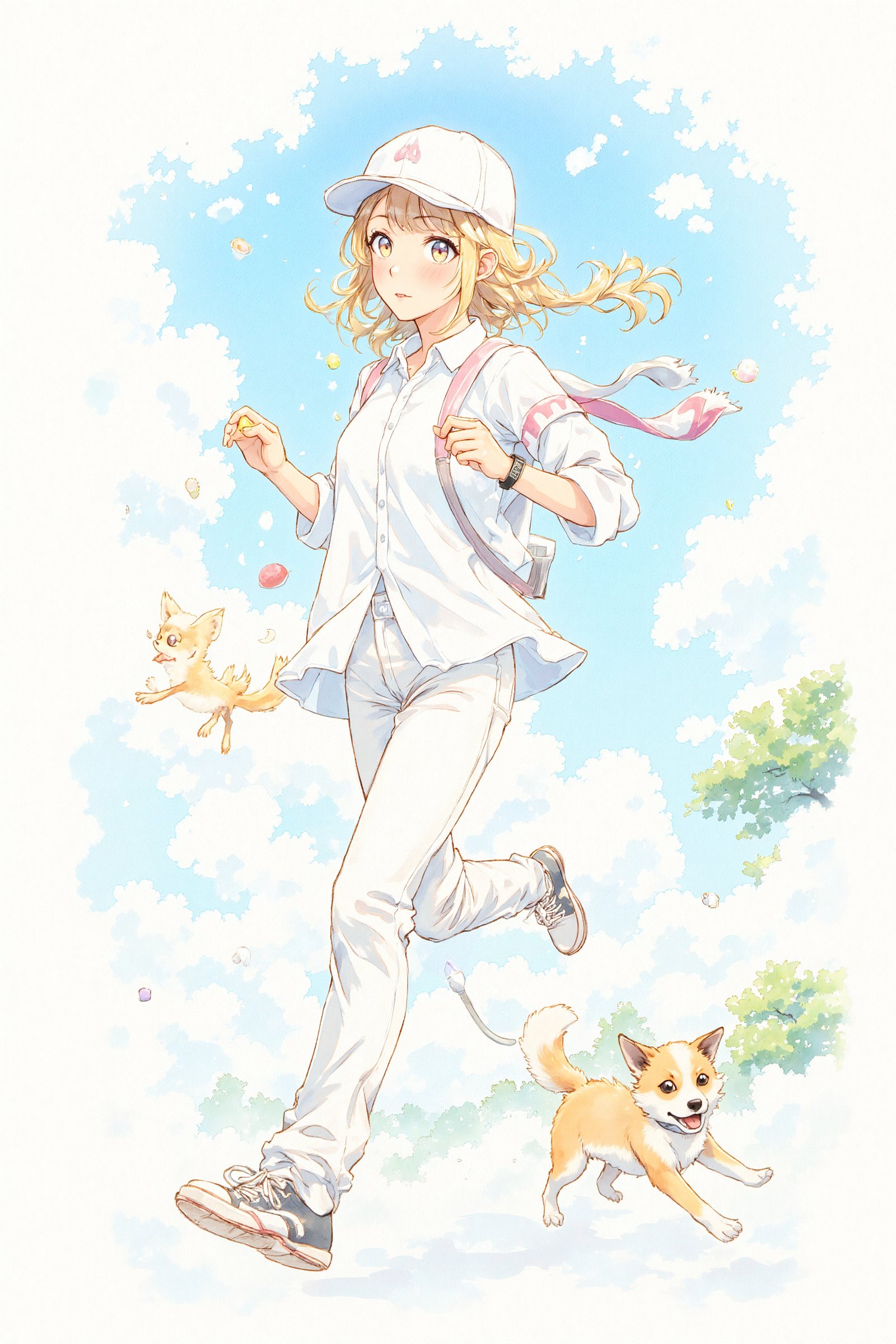 High quality, illustrations,watercolor:0.5, 1girl, the movement style, run, a dog, white shirt, white pants, one arm to wear sports watches, clouds, in the face of lens, the tree, the outdoors,cheerful candy