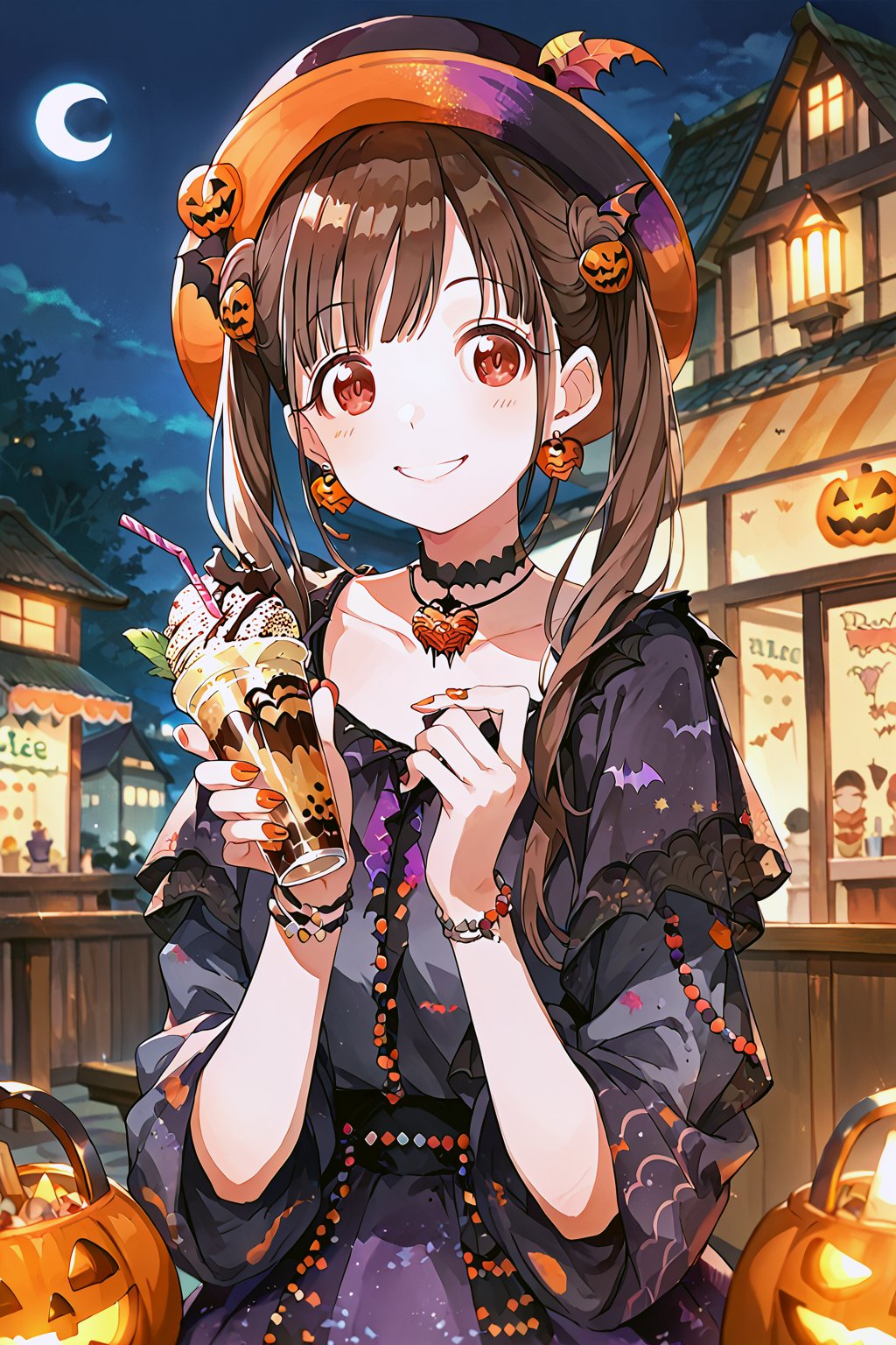 score_9, score_8_up, score_7_up, source_anime, 
sonoda chiyoko, 1girl, solo, brown hair, long hair, twintails, red eyes, 
hat, earrings, choker, jewelry, nail polish, smile, looking at viewer, food, drinking straw, ice cream, 
HALLOWEEN, 
watercolor (medium), 
night