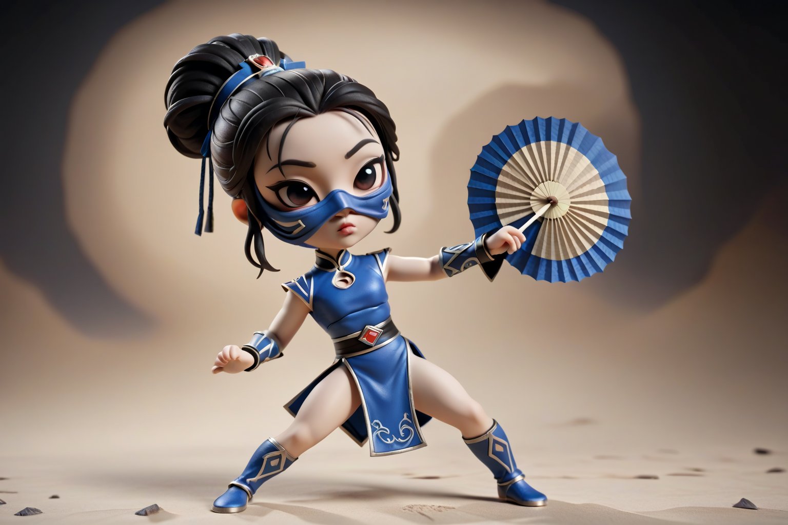 Princess Kitana chibi style,  big oversized head,  half face mask full body shoot by winter  on Tensor.Art