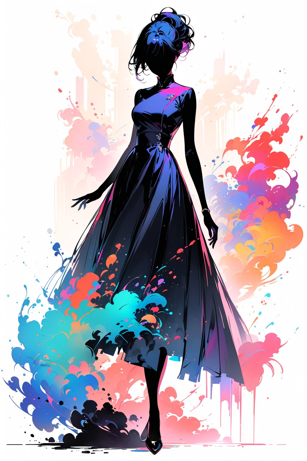 Silhouette of an elegant woman, full body, colorful, graceful silhuette, graceful pose, front view, no showing face, white backlground, brushstrokes in background, looking at viewer, logo aesthetics, masterpiece quality, elegant hairstyle, ((black silhouette)), INK