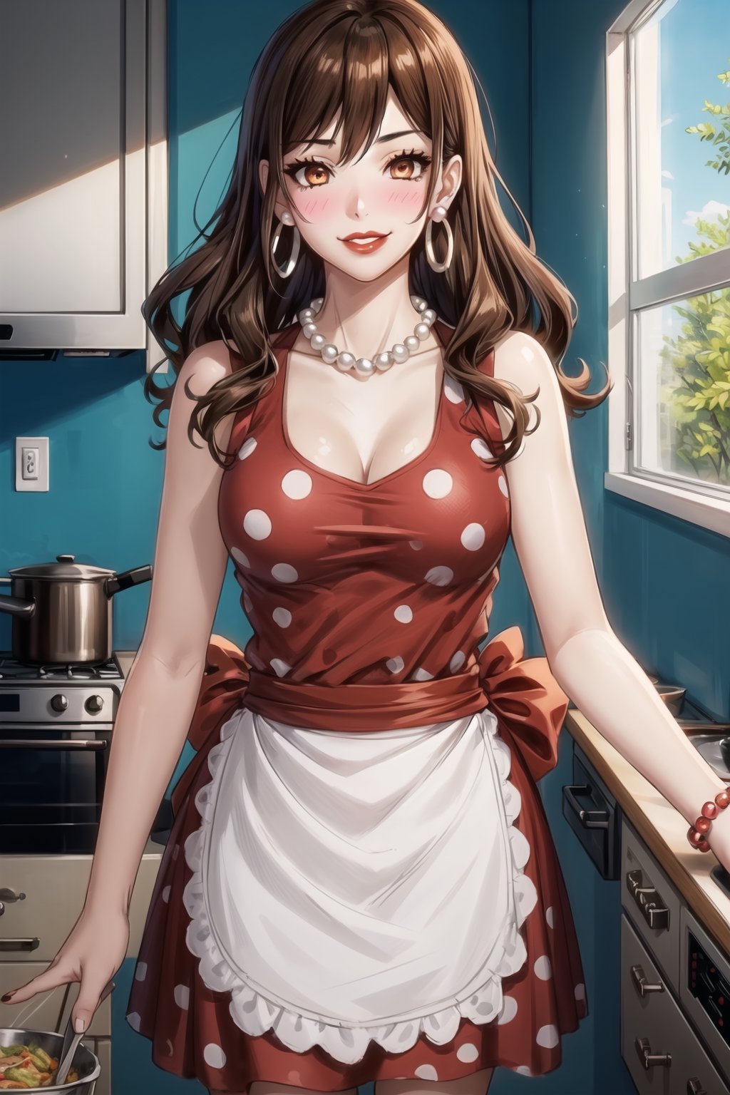 ((best quality)),  ((highly detailed)),  masterpiece,1girl, 1girl,  evil smile:1.2, smug, seductive smile, solo,   (Stepford),lips, makeup, lipstick,red lips, (pose),(polka dot:1.4), (polka dot dress:1.4),(pearl necklace:1.2), pearl bracelet, bare shoulders,(red dress:1.2),(aroused), blush ,standing,  (large pearl necklace), (hoop earrings:1.2),  (apron), blush,, looking at viewer, standing, cowboy shot, fingernails, kitchen, cooking, indoors, house, windows, cortain, food, hori kyouko, brown hair, orange eyes