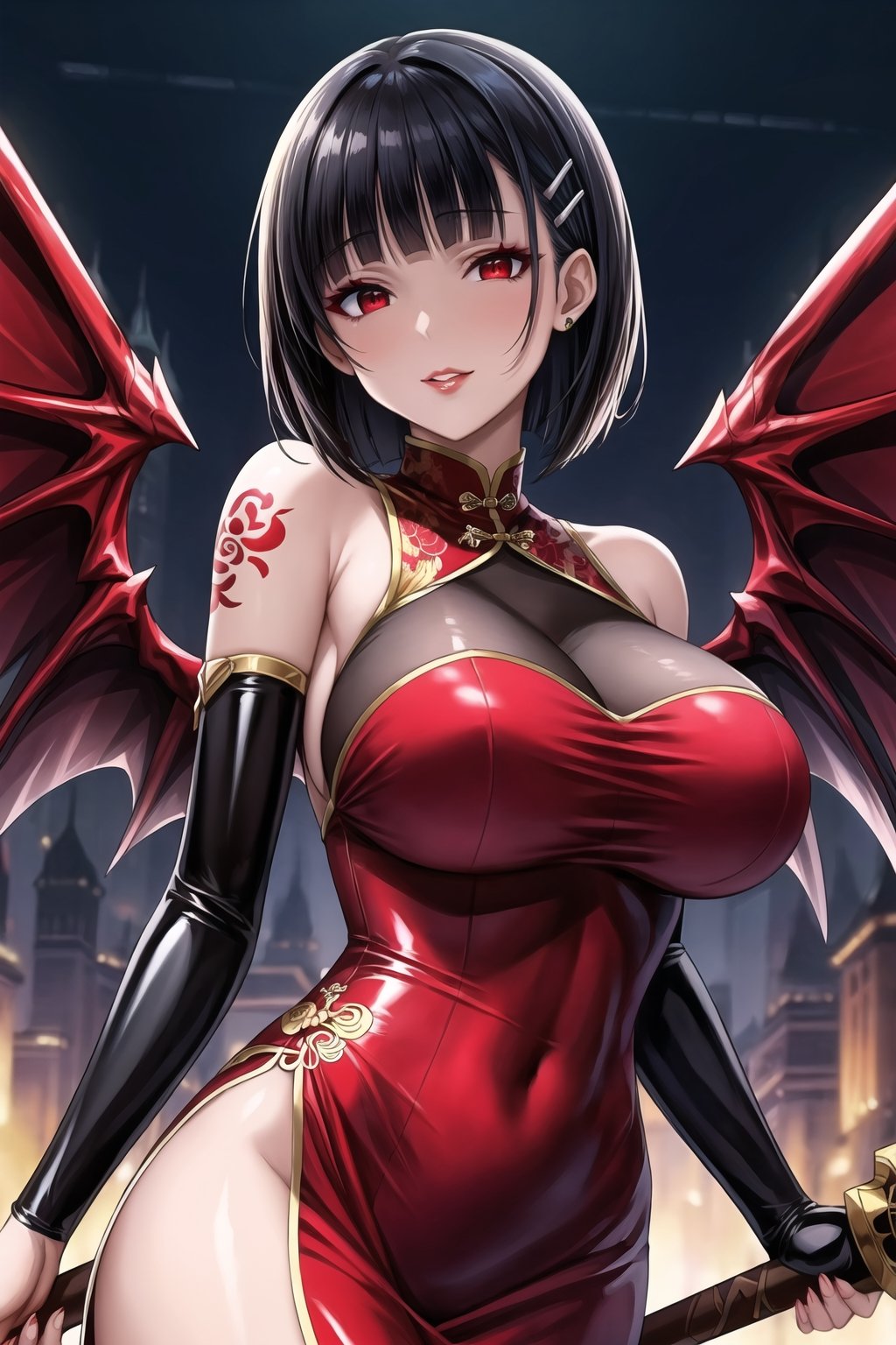 (best quality), (highly detailed), masterpiece, (official art),(suguha, short hair, black hair, bob cut, hairclip, hair ornament, blunt bangs), sword, holding weapon, holding sword,fantasy, fairy wings, green wings,,red lips, lips:1.3, huge brest, makeup:1.4,(((black hair, wavy hair, red dress, red eyes,red china dress))), ((bare shoulder,sleeveless,latex,bodysuit)),,looking at viewer, china, asiática, city, night, sky, (intricately detailed, hyperdetailed), blurry background,depth of field, best quality, masterpiece, intricate details, tonemapping, sharp focus, hyper detailed, trending on Artstation,1 girl, high res, official art,chinese dress,tattoos