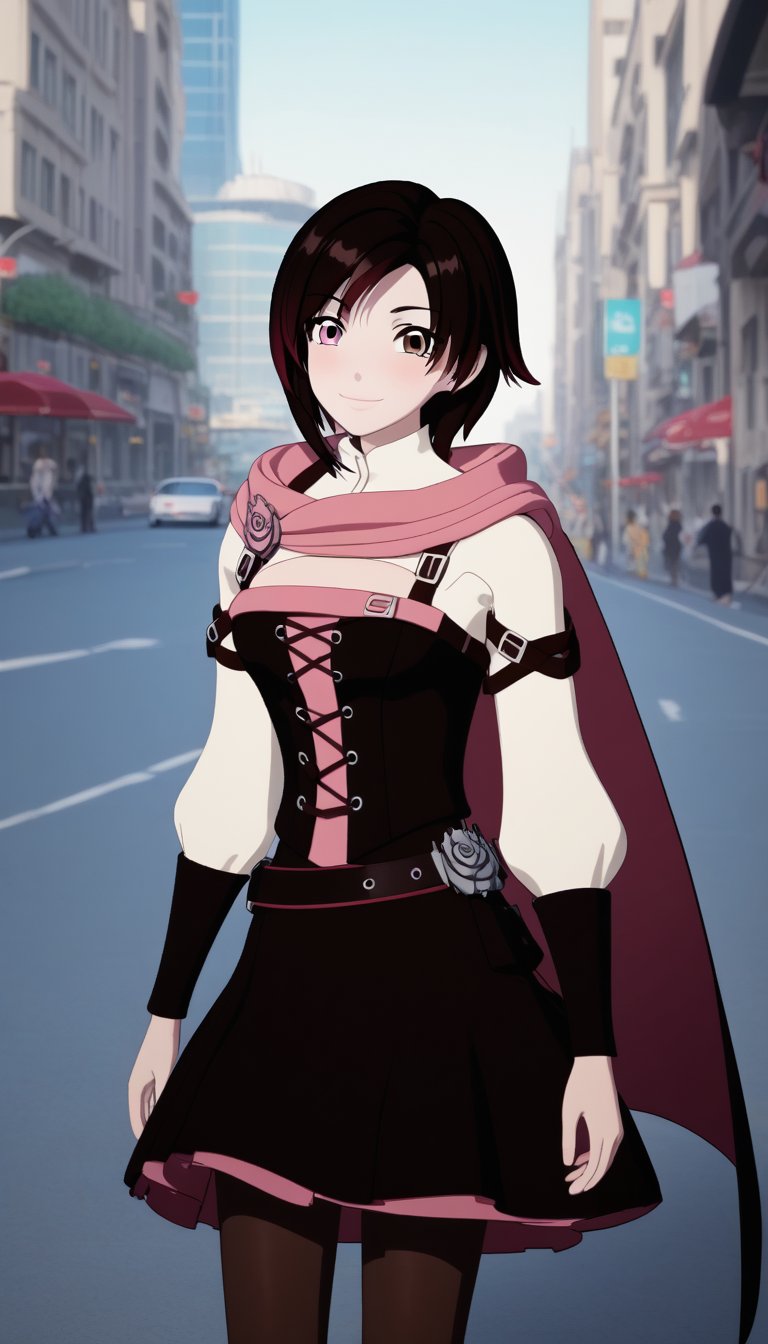 score_9, score_8_up, score_7_up, intricate details, ruby rose, short hair,  brown hair, brown eyes, pink hair, multicolored hair, pink eyes, two-tone hair, heterochromia, split-color hair,, evil smile,,dress, pantyhose, cape, corset, belt cityscape, street, bent over, smile, looking at viewer, solo, cowboy shot, dutch angle