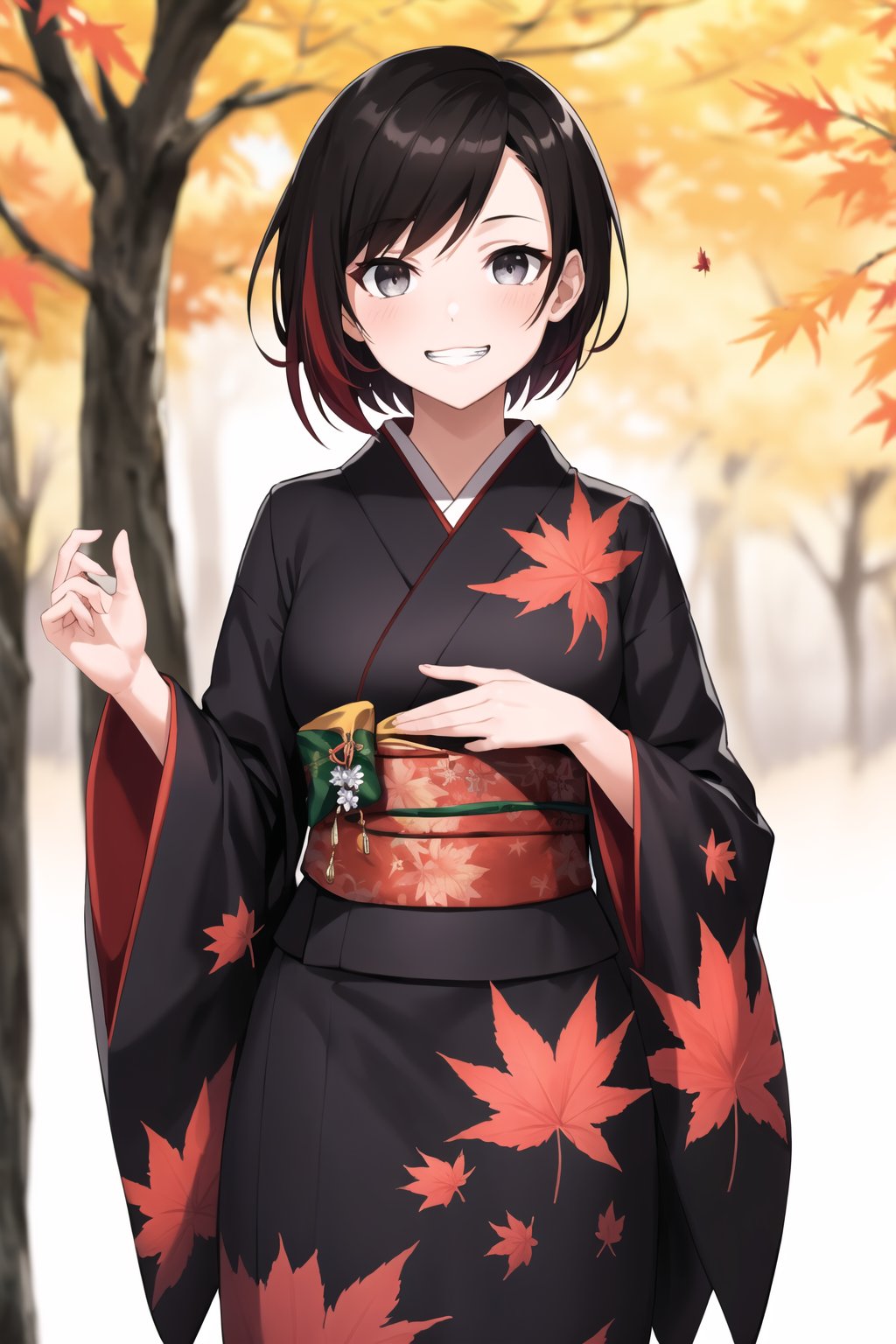 ((best quality)), ((highly detailed)), masterpiece, 1 girl, ruby rose, short hair, BREAK, grin, smirk, kimono, momiji, maple_leaves, japanese maple tree, minimalism, (cowboy shot:1.2), standing, , intricately detailed, hyperdetailed, blurry background, depth of field, best quality, masterpiece, intricate details, tonemapping, sharp focus, hyper detailed, trending on Artstation, 1 girl, high res, official art,