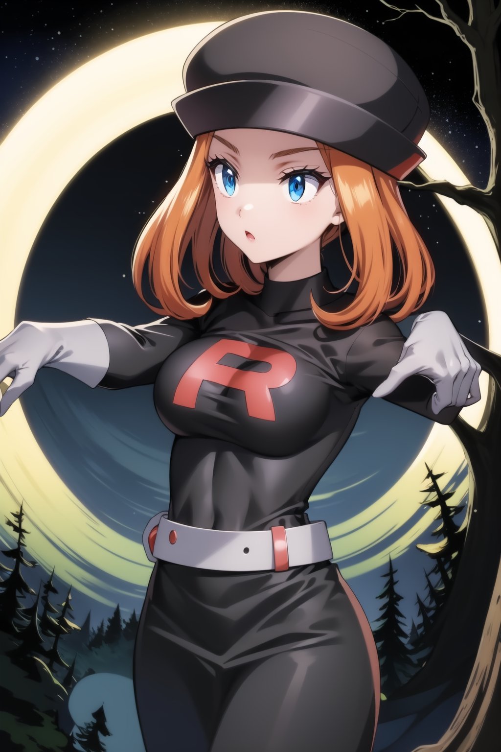 A midnight forest glows eerily under the pale moonlight as Serena's striking features emerge from the shadows. Her vibrant orange hair and piercing blue eyes are framed by the brim of a black cabbie hat, which casts a long shadow across her stoic expression. The short blonde bangs beneath the hat's brim add a touch of softness to her otherwise imposing presence. A sleek black dress with long sleeves, elbow gloves, and a grey belt accentuates her athletic build, as she stands confidently amidst the dark trees. The Grunt Team Rocket emblem on her chest glows subtly in the moonlit atmosphere, adding an air of mystique to her enigmatic demeanor.