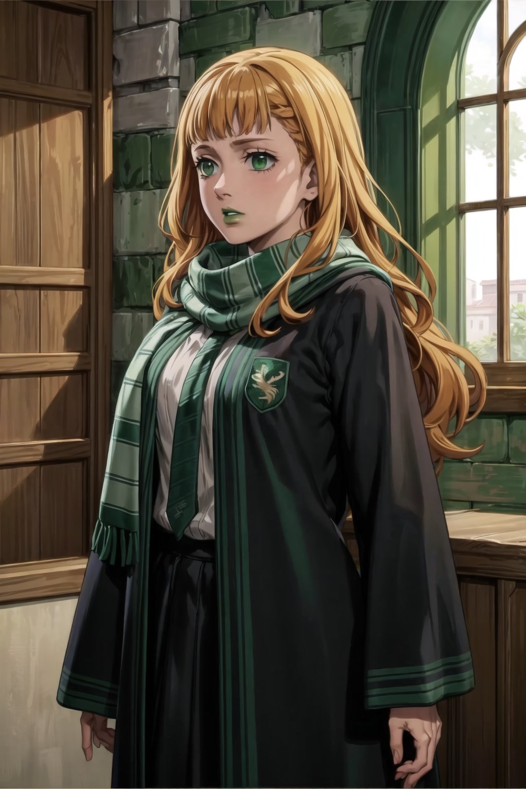 (best quality), (highly detailed), masterpiece, (official art),mimosa vermillion, orange hair, wavy hair , light green eyes, , hogrobe, black robe,slytherin, green tie, hogscarf, green scarf,  magic, green lips, lips, (best quality), (highly detailed), masterpiece, (official art), green eyes
