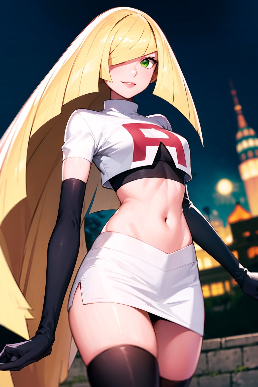 (best quality), (highly detailed), masterpiece, (official art),  ,pokemonlusamine, blonde hair, (green eyes:1.5), hair over one eye, long hair, multicolored hair, streaked hair, very long hair, posing, lips, smile, Team Rocket, cropped jacket, white jacket, crop top, jacket, gloves, black gloves, elbow gloves, navel, midriff, white skirt, miniskirt, skirt, thighhighs,, looking at viewer, china, asiática, city, night, sky, (intricately detailed, hyperdetailed), blurry background,depth of field, best quality, masterpiece, intricate details, tonemapping, sharp focus, hyper detailed, trending on Artstation,1 girl, high res, official art 