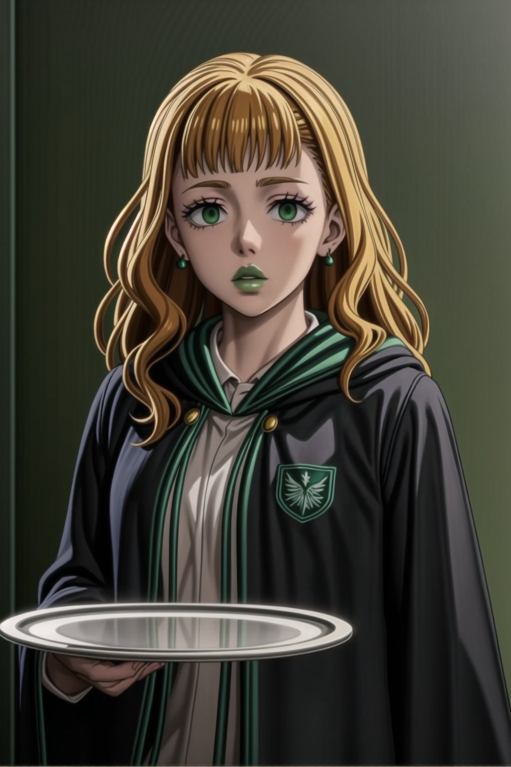 (best quality), (highly detailed), masterpiece, (official art),mimosa vermillion, orange hair, wavy hair , light green eyes, , ((hogrobe)), ((black robe,slytherin)), green tie, magic, (green lips), (lips:1.2), holding tray, tray, earrings, jewlery, expressionless, (best quality), (highly detailed), masterpiece, (official art), green eyes ,(empty eyes), green eyes,b1mb0,<lora:659111690174031528:1.0>