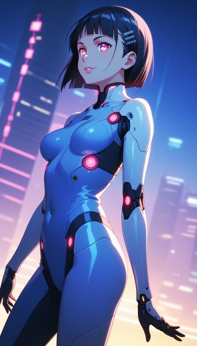 score_9, score_8_up, score_7_up, intricate details, suguha, short hair, black hair, bob cut, hairclip, hair ornament, blunt bangs, lips, smile, pose, bodysuit, cowboy shot, angle, femobt,Remodeling, pink eyes, blue eyes, glowing eyes, android, barcode,blue lips,,StandingAtAttention,cyberpunk,cyborg style