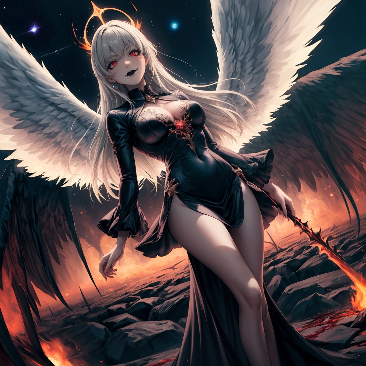 masterpiece, best quality, absurdres, 4k, 8k, uhd create fallen archangel,detailed angel wins, bloodlust, (dutch angle), hell. fire, (black wings),black dress, elizabeth, red glowy eyes, eerie, creepy, nightmarish, very bright colors, light particles, wallpaper art, ((cosmic energy)),high detailed ,evil smile, white hair, ((black lips))