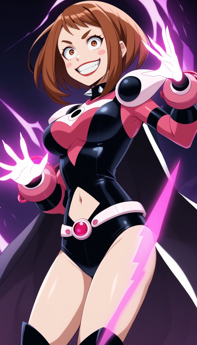 score_9, score_8_up, score_7_up, intricate details,1girl, ochako uraraka, solo, short brown hair, bob cut, luscious hair, jokerized, wide smile, evil grin, crazy eyes, teeth, red lips, shining glossy skin, constricted pupils, glowing eyes, sinister expression, wearing black leather corset, tight dark outfit, spiked shoulder pads, thigh-high boots, high heels, exposed midriff, body harness, leather straps, sharp claws, metallic accessories, dark energy, purple aura, black cape, flowing cape, torn cape, spiked choker, dark gauntlets, glowing veins, glowing purple lines, villainess, full body, dynamic lighting, high contrast, villainous aura, dramatic pose, smirk