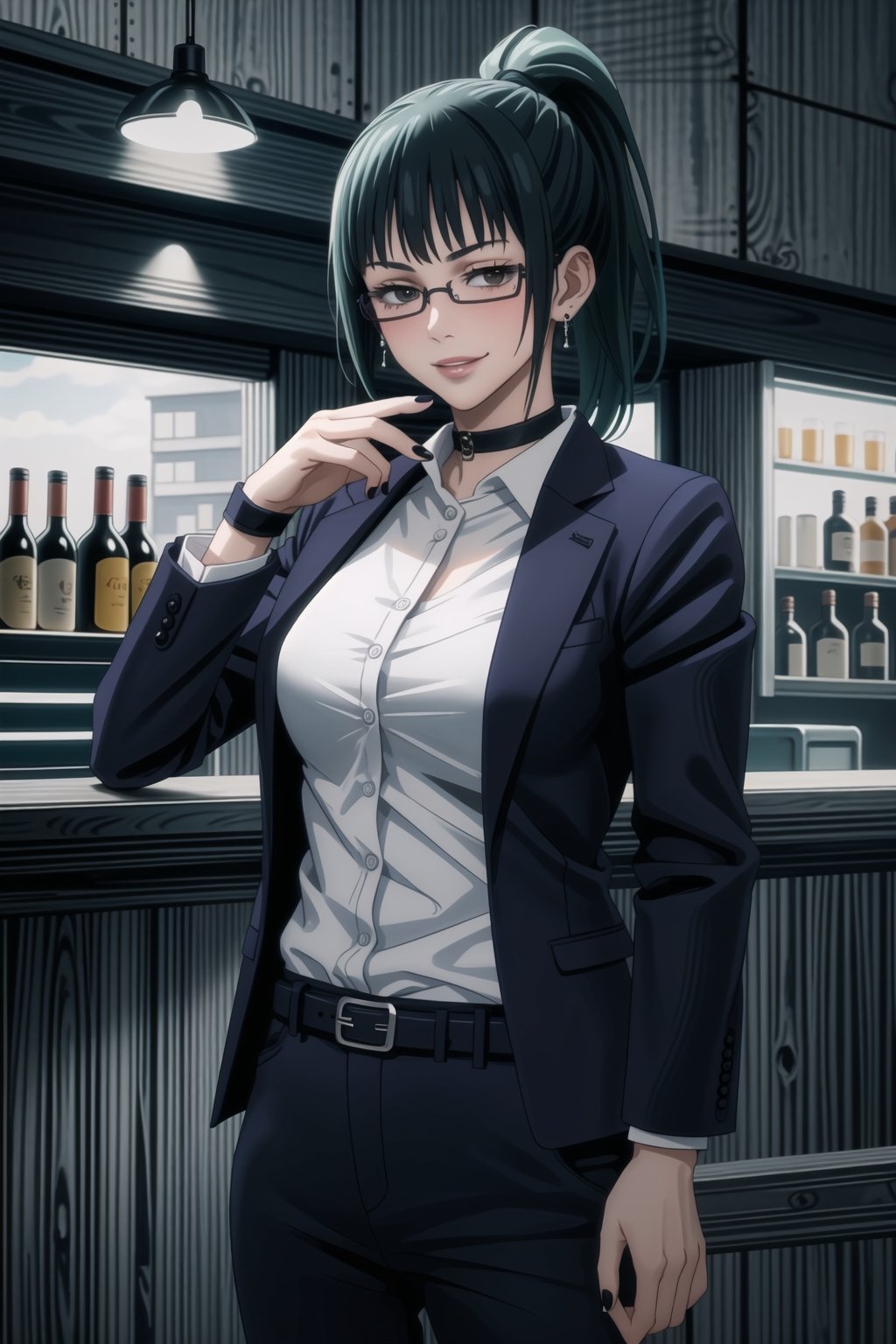 ((best quality)),  ((highly detailed)),  masterpiece,1girl, 1girl, (lips:1.2), seductive smile, smirk, naughty_face,nail polish, solo,   black pants,  formal,  black jacket,  open jacket,  (white shirt),  belt, ,  black jacket, (black suit),  long sleeves,  shirt tucked in,, (black choker), blush, earrings, black nails, looking at viewer, standing, cowboy shot, fingernails,  bar,outdoor,lamp,nigth,space, alcohol, sexy pose:1.2, purple nails, wristband ,zenin_maki, green hair, brown eyes, ponytail, glasses, bangs,<lora:659111690174031528:1.0>