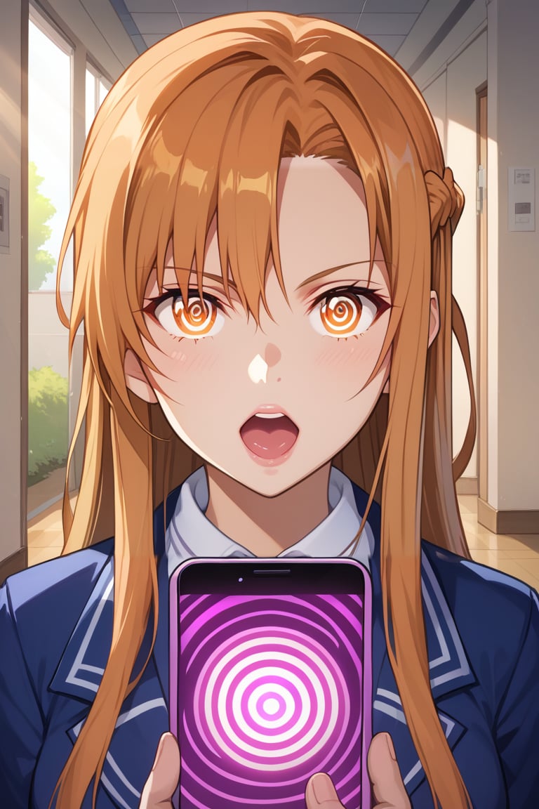 mind control, hypnosis, mind control app, hypnosis app, spiral, phone,1girl, solo, asuna yuuki,  long hair, french braid, orange hair, angry expression, furrowed brows, lips, open mouth, angry, 
,school uniform, standing in hallway, slight blush of frustration, hallway with background students looking over, bright afternoon sunlight, dramatic shadows on floor,b1mb0, looking_at_viewer, looking_at_viewer