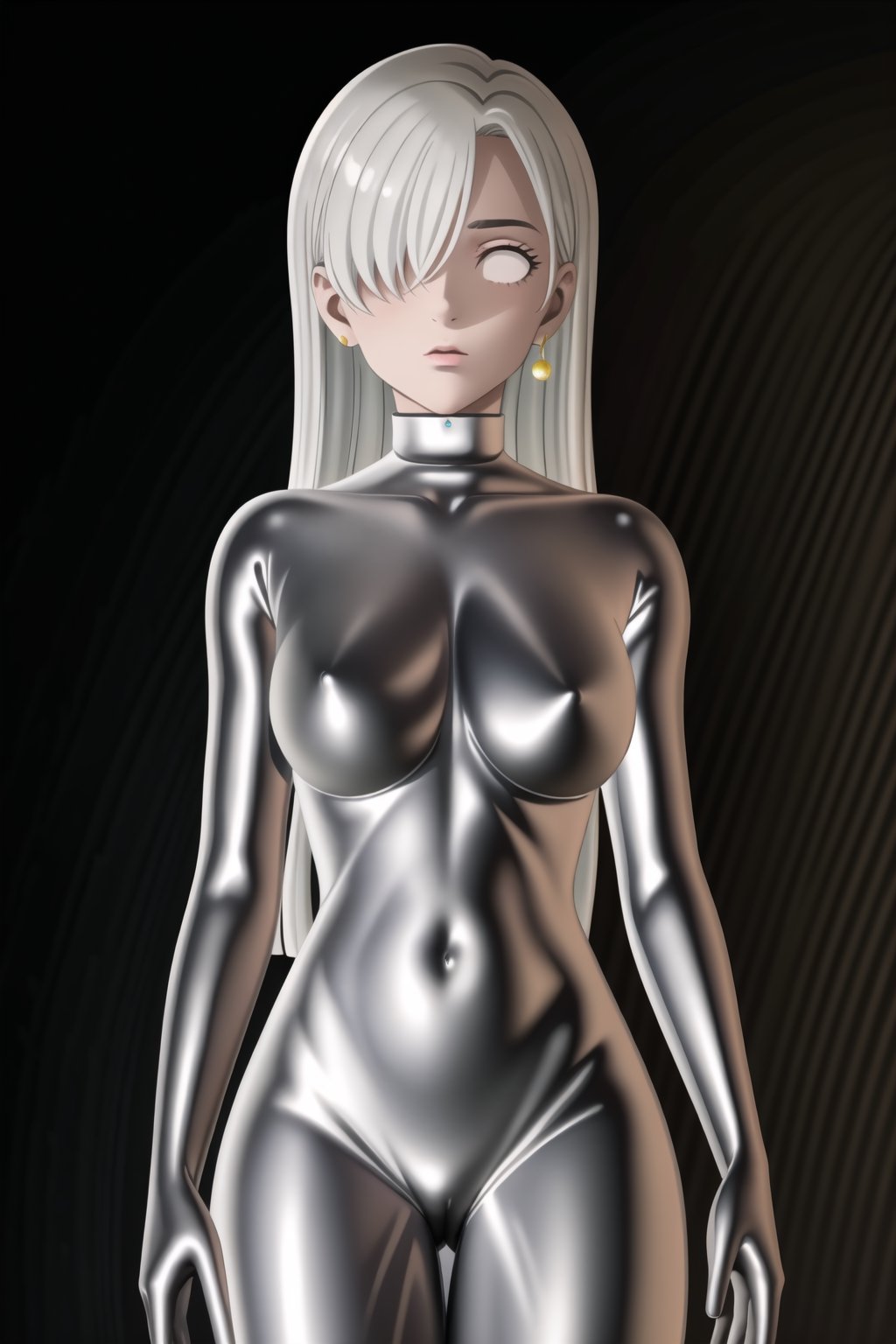 (best quality), (highly detailed), masterpiece, (official art), makeup, elizabeth, long hair, blue eyes, white hair, hair over one eye, single earring,, closed mouth,(graybot:1.2), black bodysuit, (shiny body:1.2), (shiny clothes),latex bodysuit, large breast, looking at viewer,  ,graybot,(whiteeyes),((black background, simple background)),StandingAtAttention,,,<lora:659111690174031528:1.0>