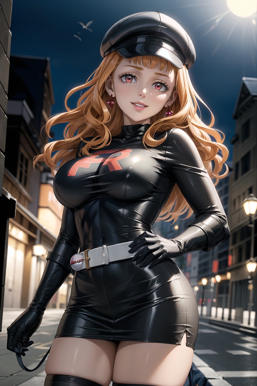 (best quality), (highly detailed), masterpiece, (official art), mimosa vermillion, Orange hair,red eyes, red earrings, poke ball, poke ball (basic), holding poke ball, black headwear, cabbie hat, hat, posing, lips, ( evil smile), ,Grunt Team Rocket, dress, black dress, long sleeves, gloves, elbow gloves, belt, grey belt, skirt, thighhighs, looking at viewer, china, asiática, city, night, sky, (intricately detailed, hyperdetailed), blurry background,depth of field, best quality, masterpiece, intricate details, tonemapping, sharp focus, hyper detailed, trending on Artstation,1 girl, high res, official art,