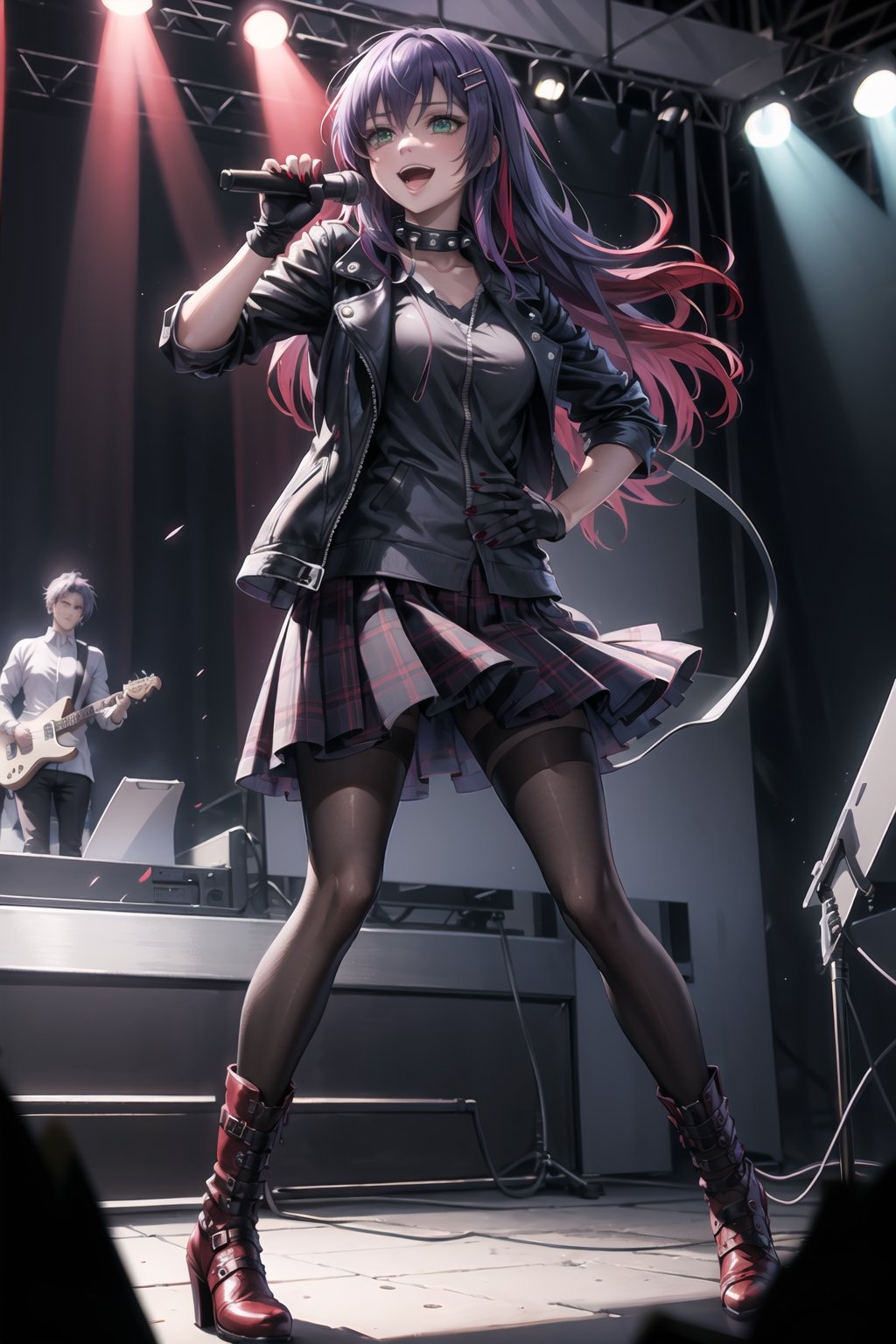 ((best quality)),  ((highly detailed)),  masterpiece,1girl, solo, smile, open mouth, skirt, shirt, hair ornament, gloves,  holding, jacket, stage, pantyhose,  boots, black gloves, hairclip, fingerless gloves, collar, two-tone hair, red hair, black jacket, plaid, black shirt, red skirt, plaid skirt, red footwear, microphone, red nails, spikes, cross-laced footwear, music, leather, holding microphone, singing, leather jacket ,(sasha, long hair, purple hair, green eyes),RockOfSuccubus