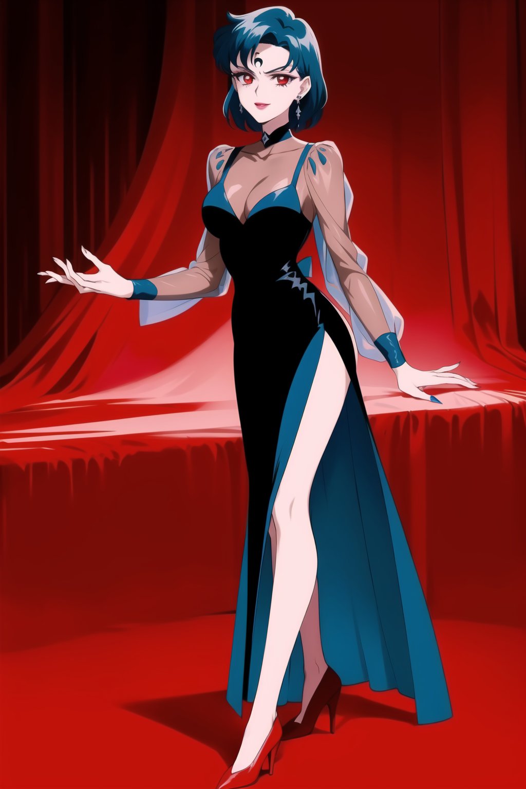 evil smile, red eyes, jewelry,  earrings, makeup, facial mark, lipstick,  forehead mark, crescent facial mark, crystal earrings,crescent, mer1, short hair, blue hair, dress,black dress, high heels, see-through,red footwear,side slit
(best quality), (highly detailed), masterpiece, (official art), A dark and mysterious female character inspired by classic anime style,  She has a cold, expressionless face with pale skin and dark, bold lips, giving her a commanding and intimidating presence.  The overall atmosphere is dark and mysterious, with a sense of power and control emanating from her poised stance.