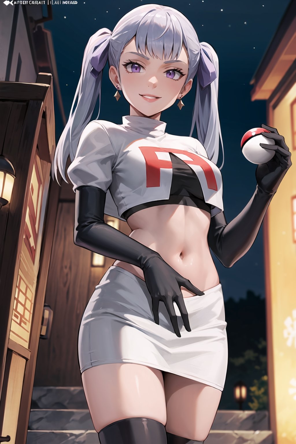 (best quality), (highly detailed), masterpiece, (official art), noelle_silva, silver hair,purple eyes, twintails, bangs, earrings, jewelry, poke ball, poke ball (basic), holding poke ball, posing, lips, ( evil smile), , Team Rocket, cropped jacket, white jacket, crop top, jacket, gloves, black gloves, elbow gloves, navel, midriff, white skirt, miniskirt, skirt, thighhighs,, looking at viewer, china, asiática, city, night, sky, (intricately detailed, hyperdetailed), blurry background,depth of field, best quality, masterpiece, intricate details, tonemapping, sharp focus, hyper detailed, trending on Artstation,1 girl, high res, official art