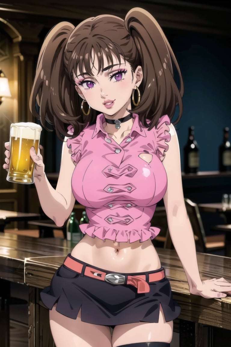 ((best quality)), ((highly detailed)), masterpiece, ((official art)),( diane, twintails), (multicolored hair:1.4), (gradient hair:1.3)  (seductive smile), (makeup:1.2), (choker:1.2), (hoop earrings),  (lips:1.3),  (seductive pose:1.2), bar, indoors holding tray, beer, beer mug, table, chair, large breasts, ((pink shirt:1.2)), navel, belt, (black skirt), miniskirt, (single thighhigh), intricately detailed, hyperdetailed, blurry background, depth of field, best quality, masterpiece, intricate details, tonemapping, sharp focus, hyper detailed, trending on Artstation, 1 girl, high res, official art ,b1mb0