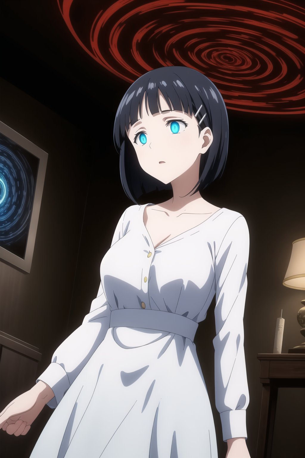 ((best quality)),  masterpiece, dynamic angle, (microchip), suguha, Bob cut, short hair, black hair, hair clip,  Anime illustration, close-up of a woman, standing, completely hypnotized, in a trance. Wearing a casual outfit with a white blouse and blue jeans, eyes wide open with swirling patterns, expression blank and unresponsive, arms hanging limply at her sides. Background is a dark room with a glowing, spiraling hypnotic pattern on a large screen behind her, casting an eerie light. The room is dimly lit with shadows, creating a mysterious and unsettling atmosphere. Subtle fog effects on the floor, adding to the surreal ambiance.,empty eyes